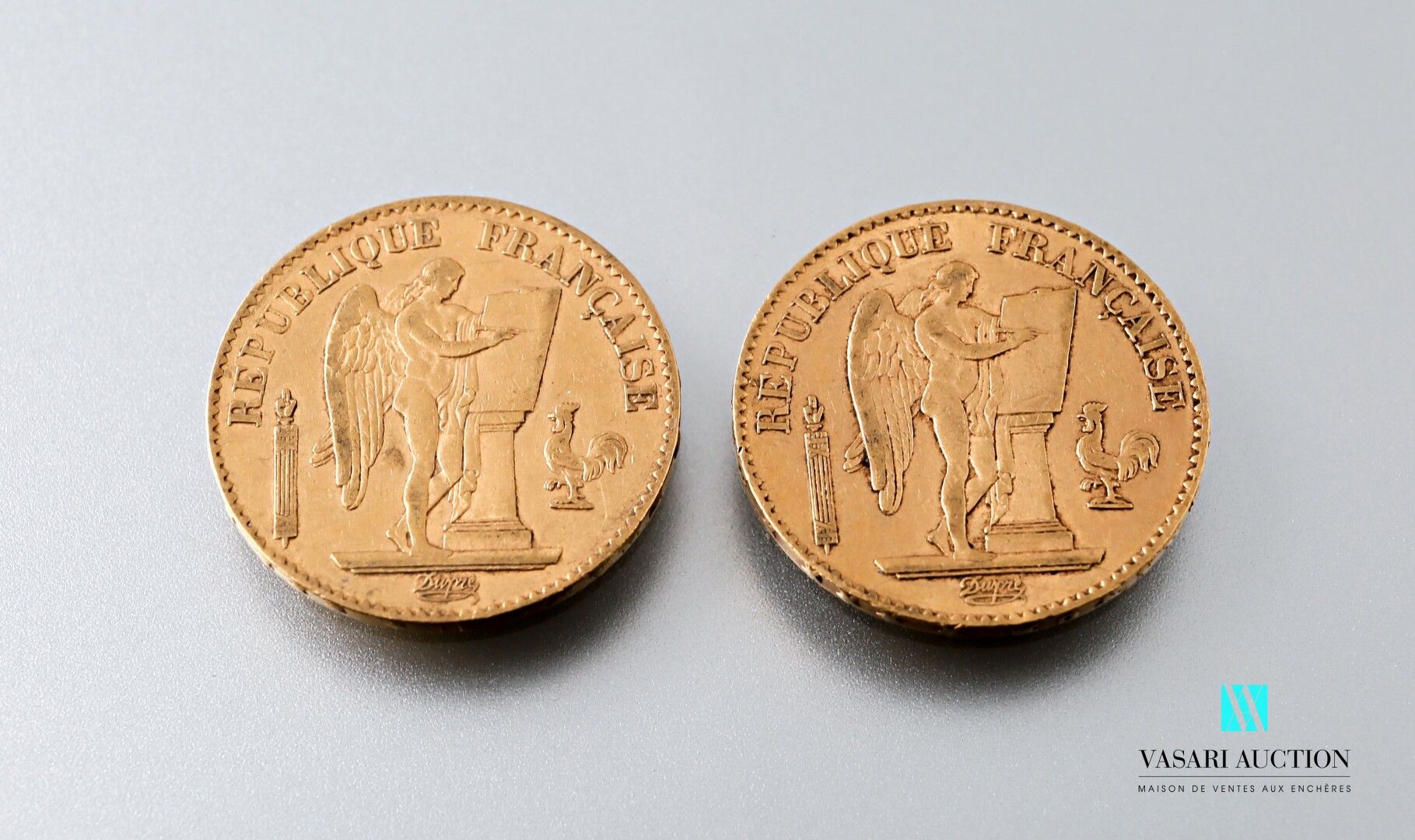 Null Deux pièces en or de 20 francs figurant le Génie d'après Augustin Dupré, 18&hellip;
