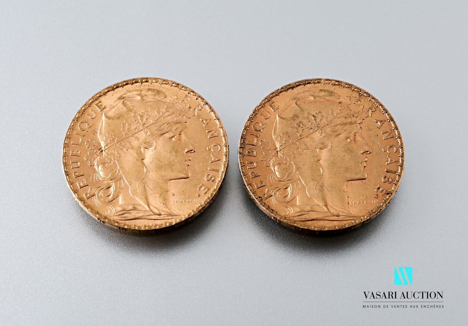 Null 两枚以玛丽安和公鸡为主题的20法郎金币，出自儒勒-克莱芒-查普兰之手，1904年

重量 : 12,89 g