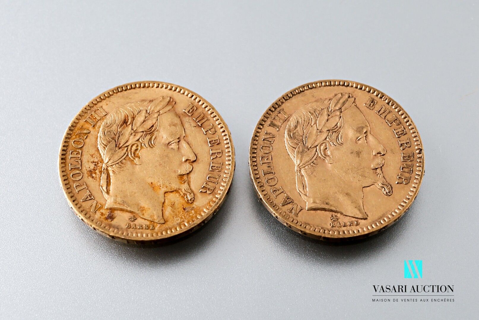 Null Two 20 franc gold coins showing Napoleon III with laurel head engraved by A&hellip;
