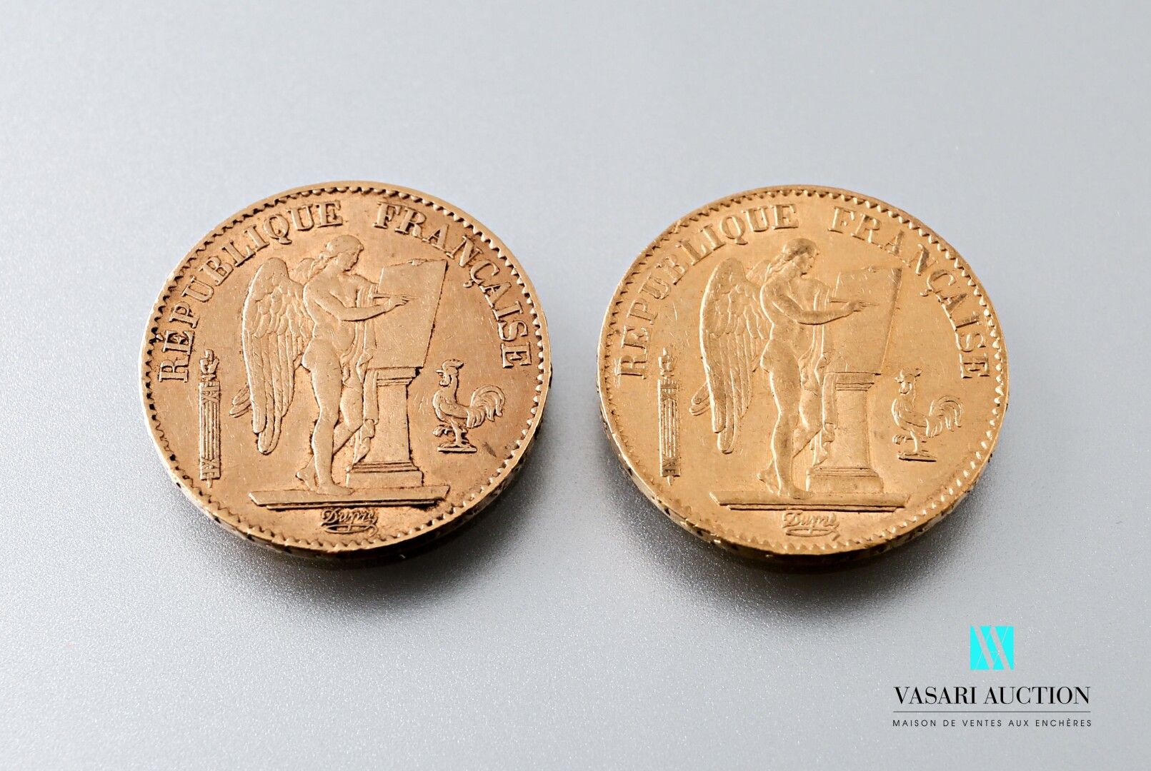 Null Two 20 franc gold coins featuring the Genie after Augustin Dupré, 1876, wor&hellip;