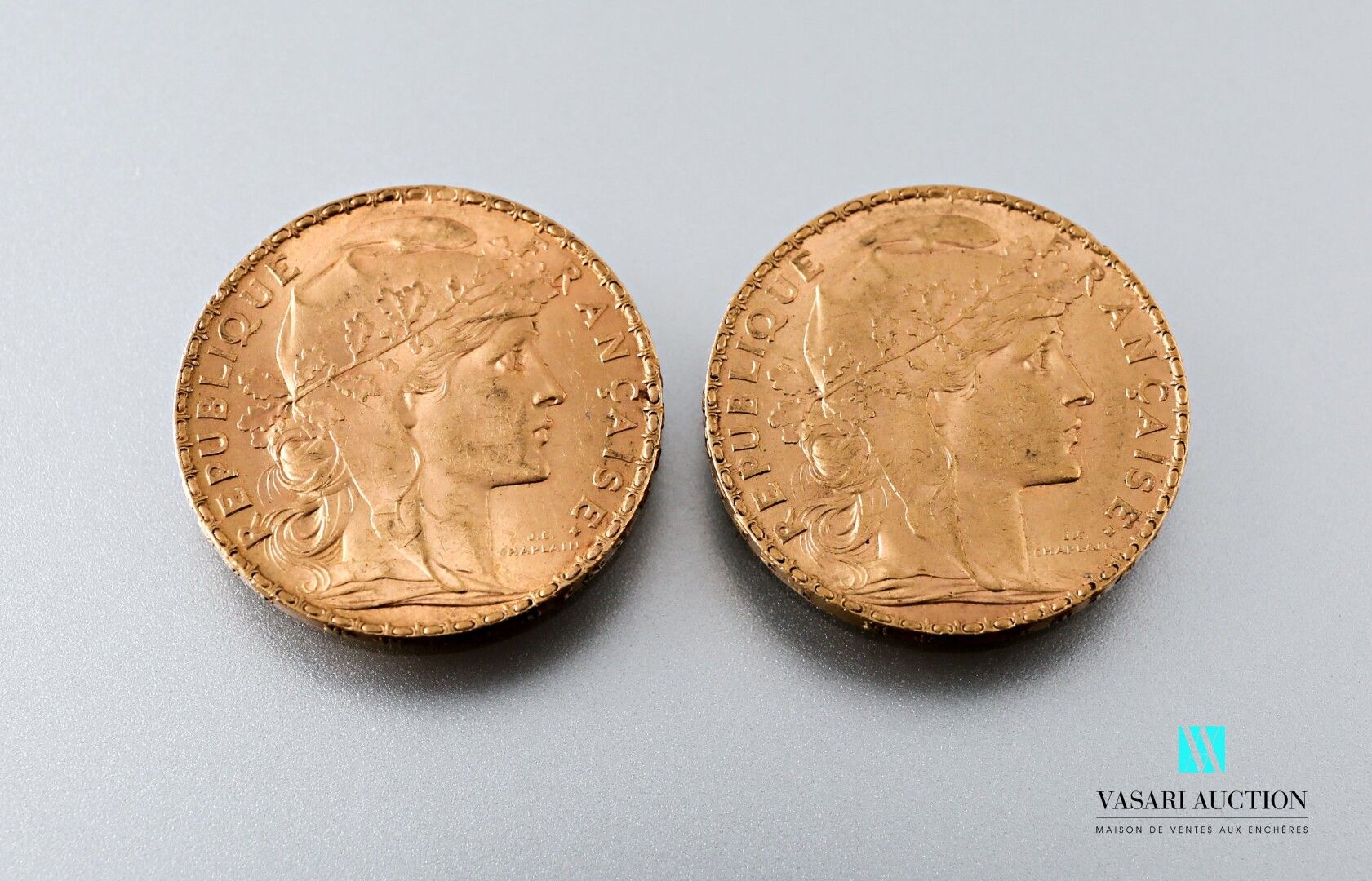 Null 两枚以玛丽安和公鸡为主题的20法郎金币，出自儒勒-克莱芒-查普兰之手，1907年

重量 : 12,89 g