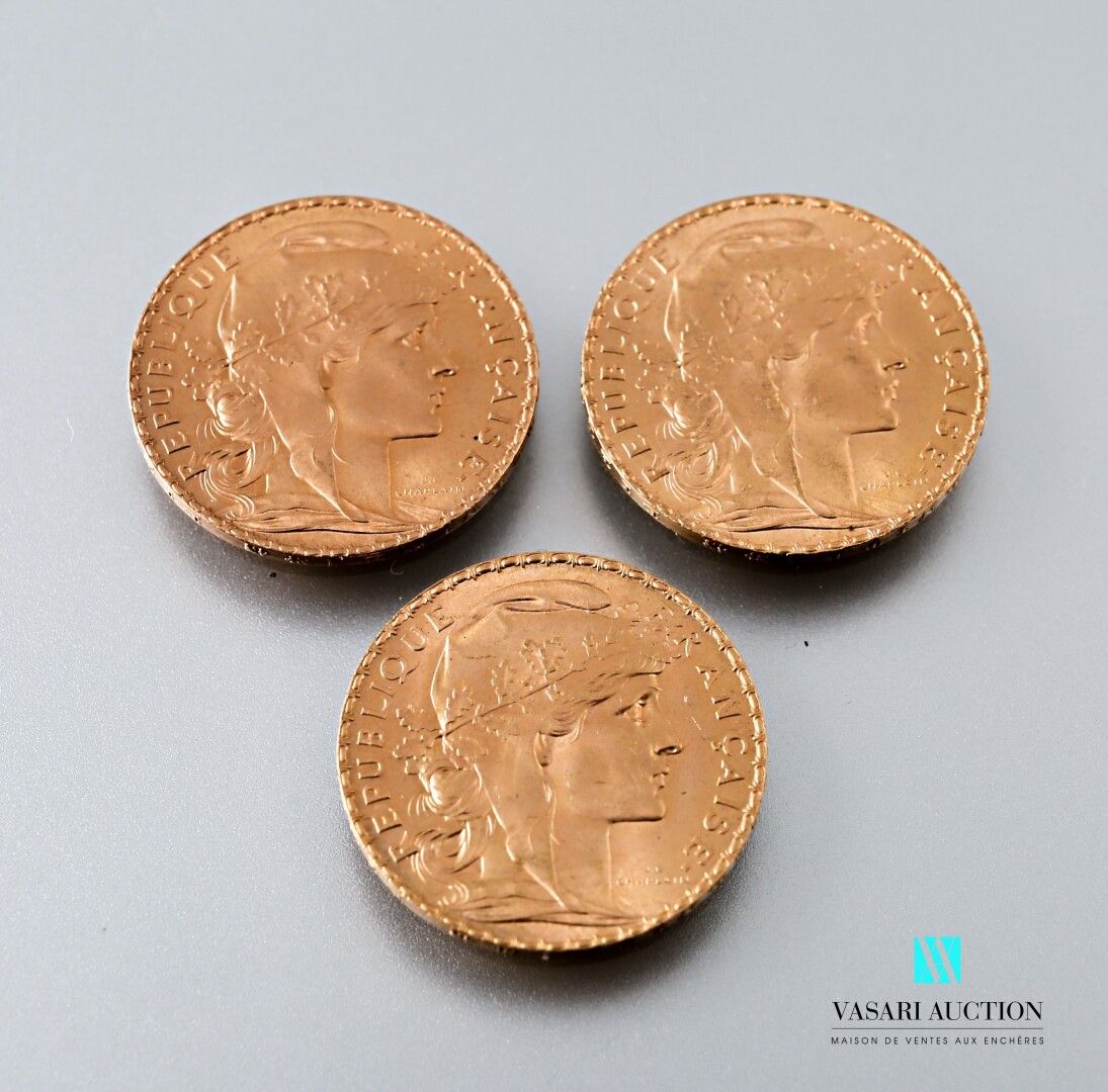 Null 三枚以玛丽安和公鸡为主题的20法郎金币，出自儒勒-克莱芒-查普兰之手，1908年

重量 : 19,37 g