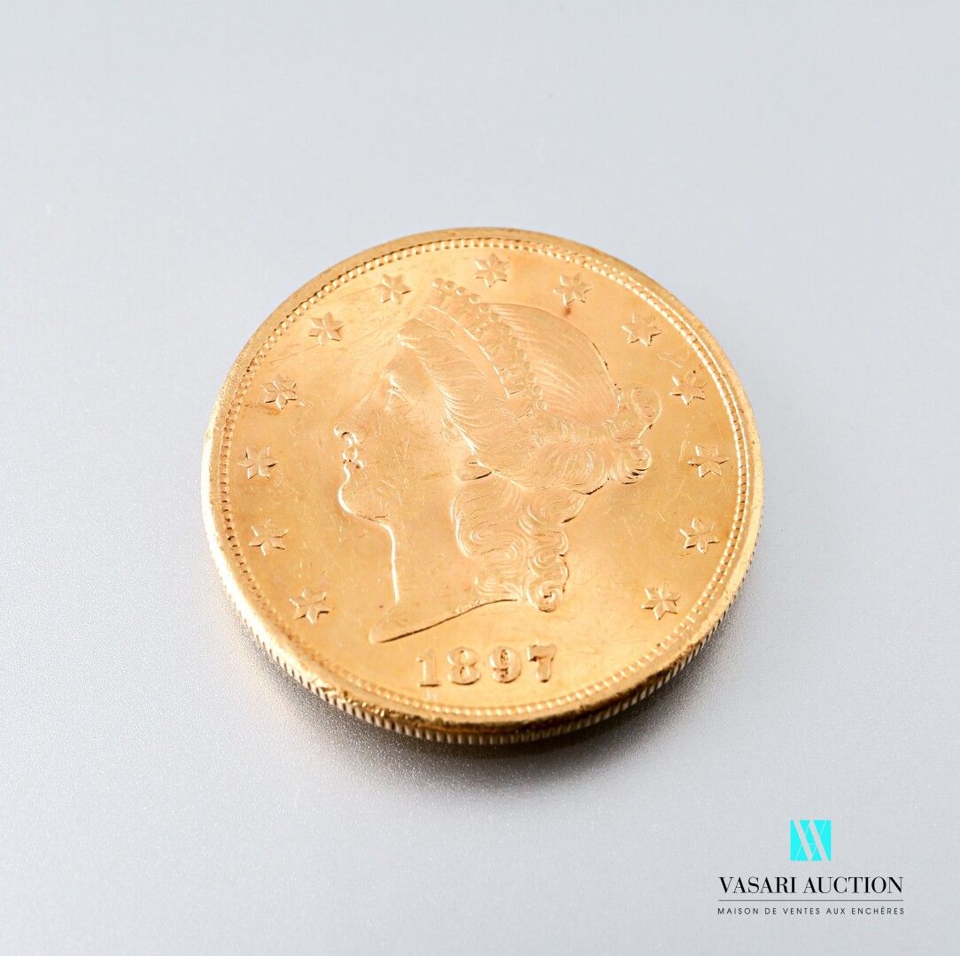 Null 20 Dollar Goldmünze, die auf der Vorderseite die Freiheit und auf der Rücks&hellip;