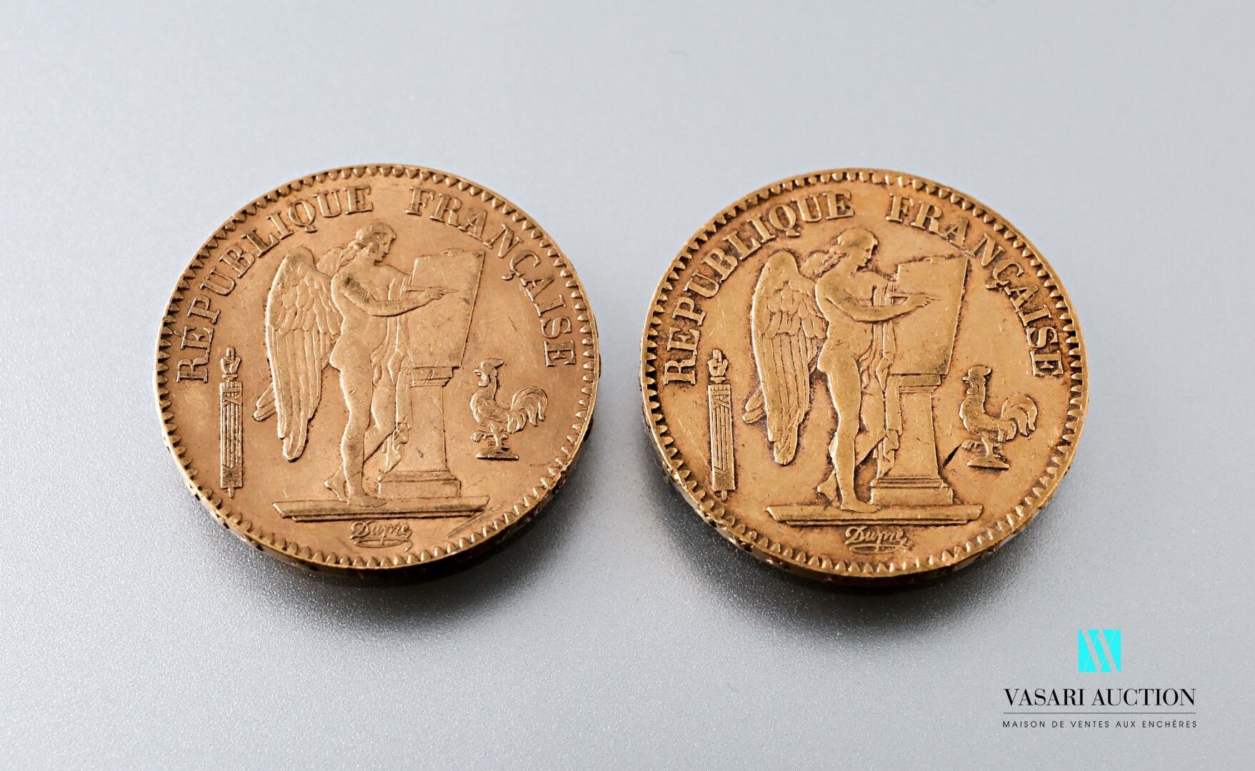 Null Two 20 franc gold coins featuring the Genie after Augustin Dupré, 1887, wor&hellip;