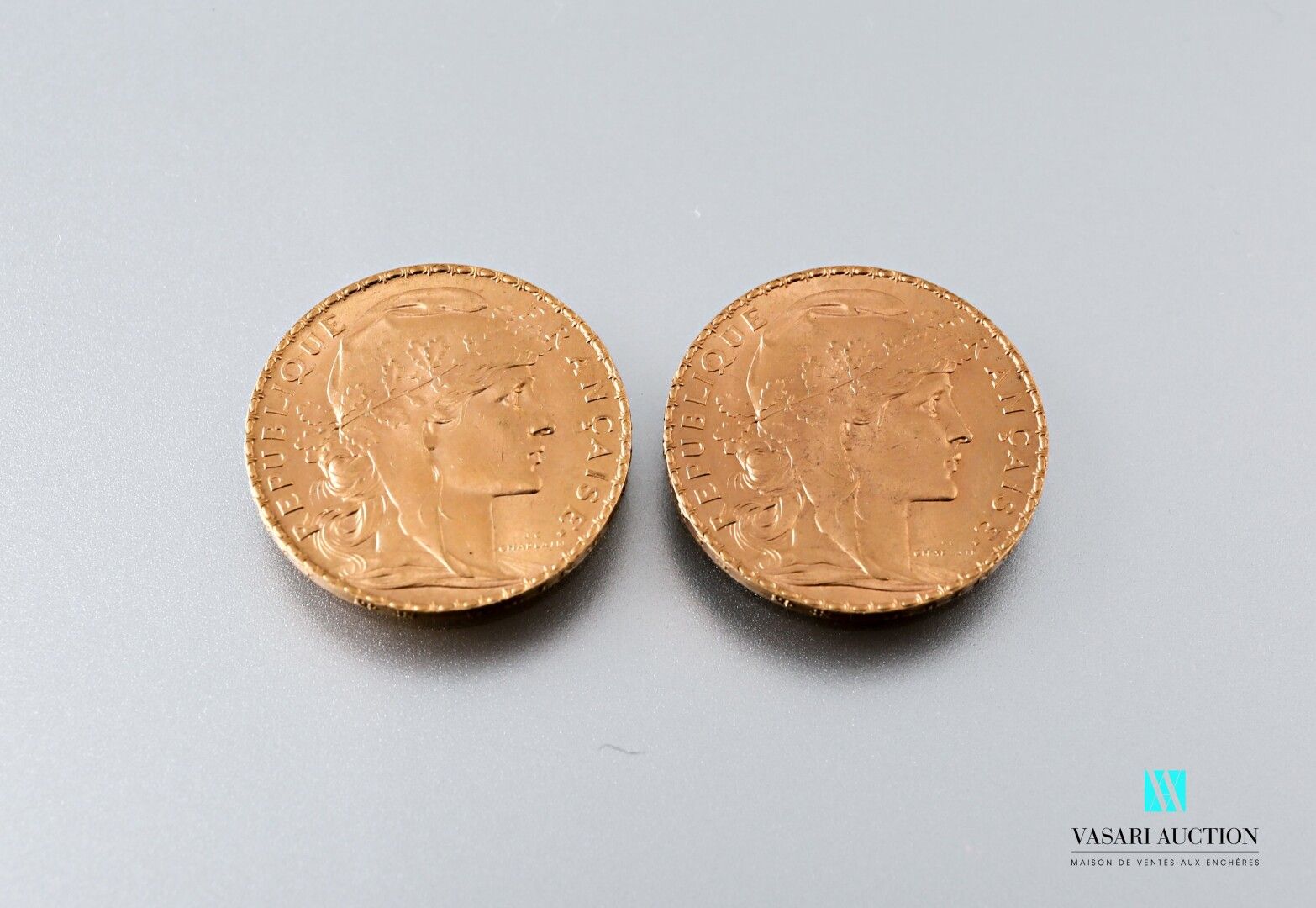 Null 两枚以玛丽安和公鸡为主题的20法郎金币，出自儒勒-克莱芒-查普兰之手，1909年

重量 : 12,90 g