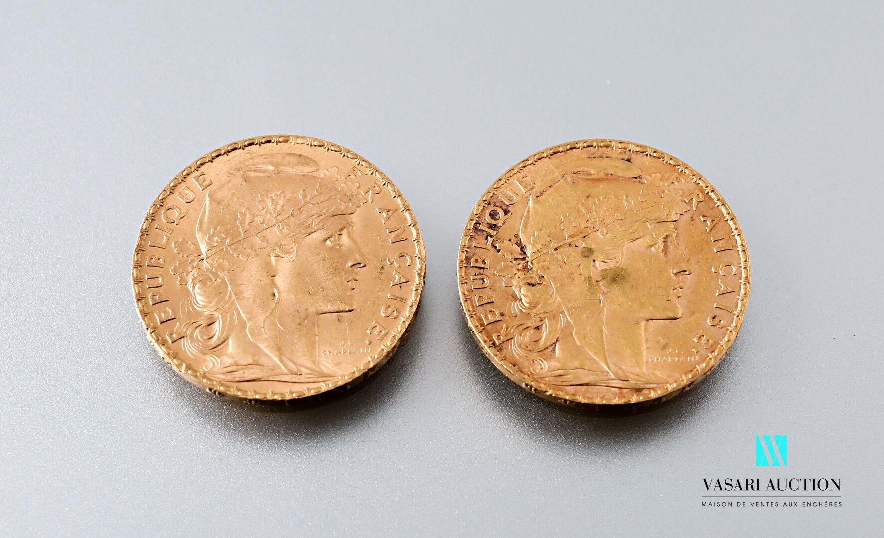 Null 两枚以玛丽安和公鸡为主题的20法郎金币，出自儒勒-克莱芒-查普兰之手，1905年

重量 : 12,90 g