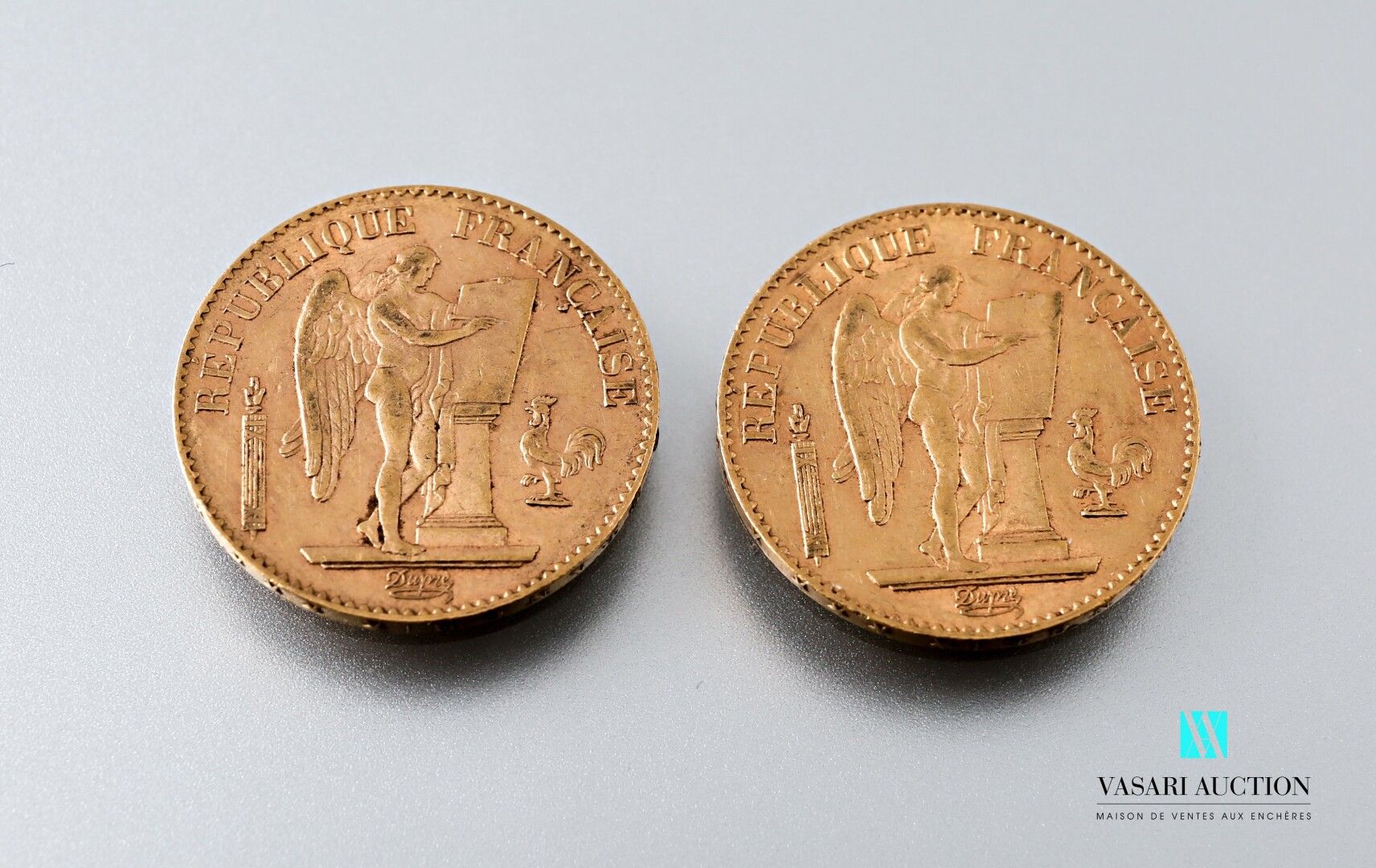 Null Two 20 franc gold coins featuring the Genie after Augustin Dupré, 1893, wor&hellip;
