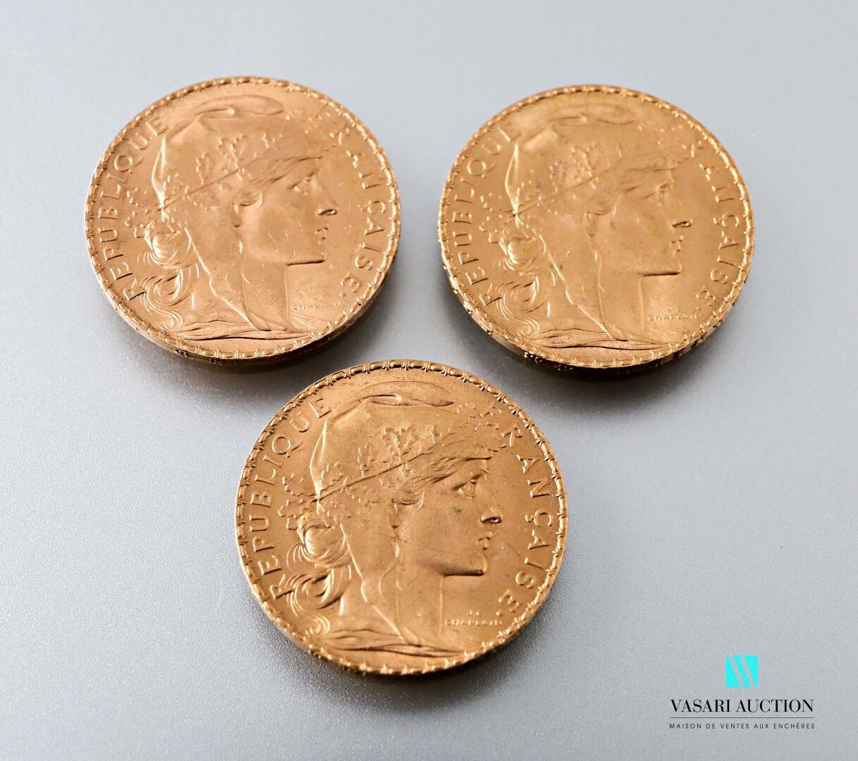 Null 三枚以玛丽安和公鸡为主题的20法郎金币，出自儒勒-克莱芒-查普兰之手，1907年

重量 : 19,35 g