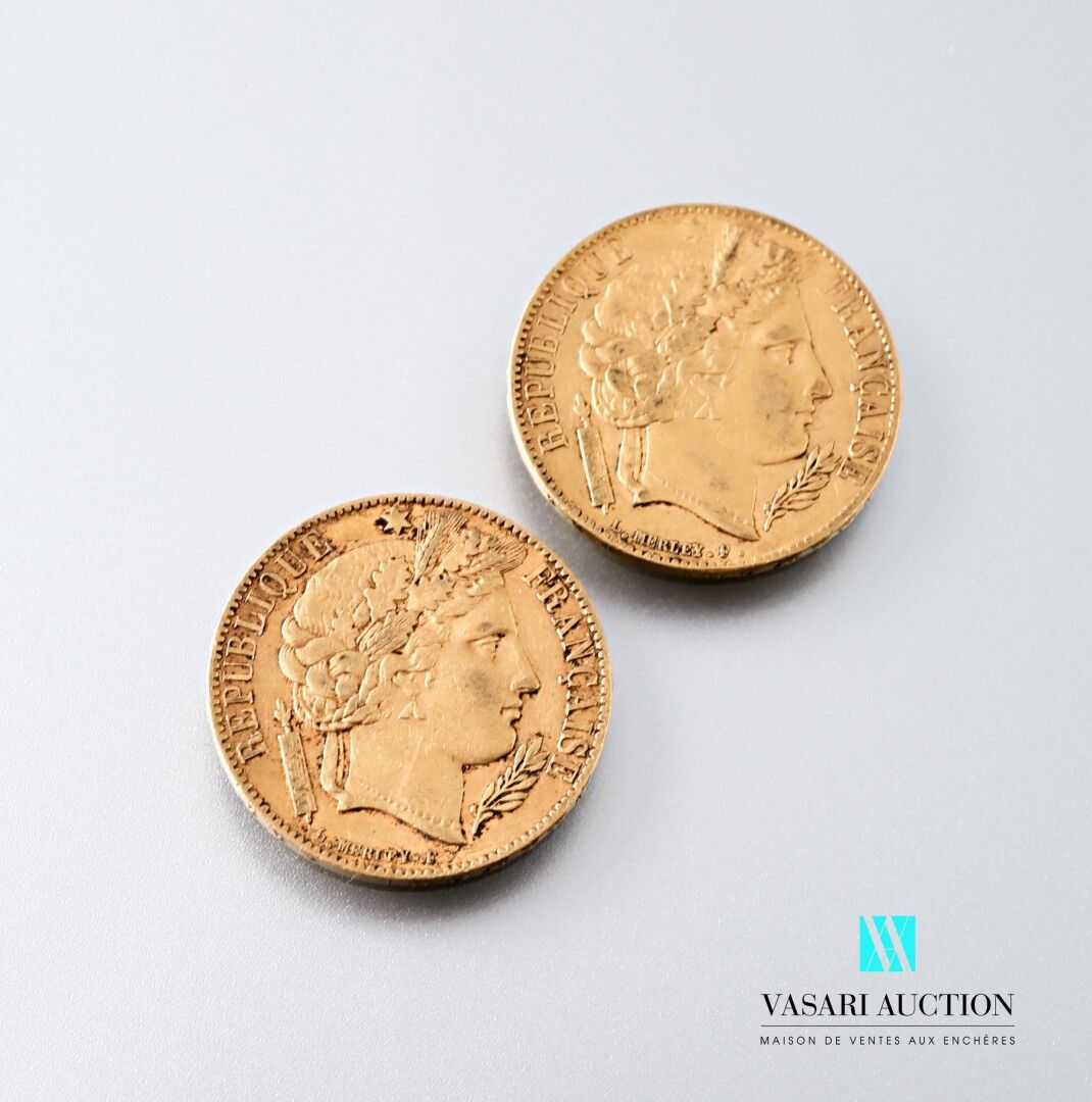 Null Dos monedas de oro de 20 francos con Ceres grabada por Louis Merley, 1851, &hellip;