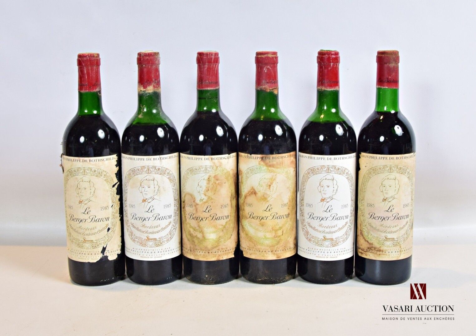 Null 6 bouteilles	LE BERGER BARON	Bordeaux mise nég.	1985

	Et.: 2 un peu tachée&hellip;