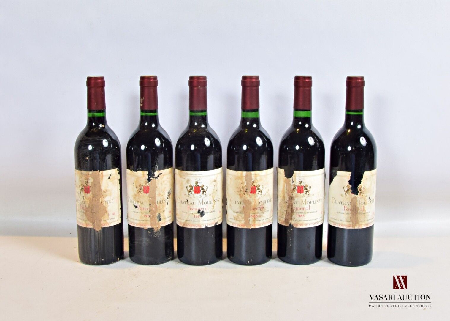 Null 6 bottles Château MOULINET Pomerol 1983

	And. Very stained and more or les&hellip;