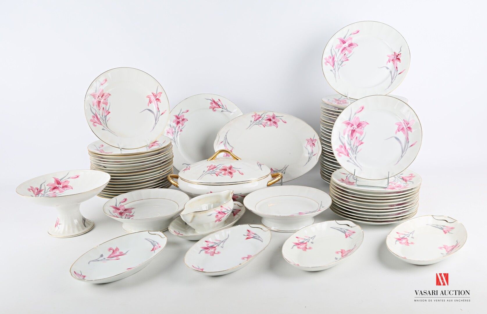 Null Partie de service de table en porcelaine blanche à décor d'iris rose et fil&hellip;
