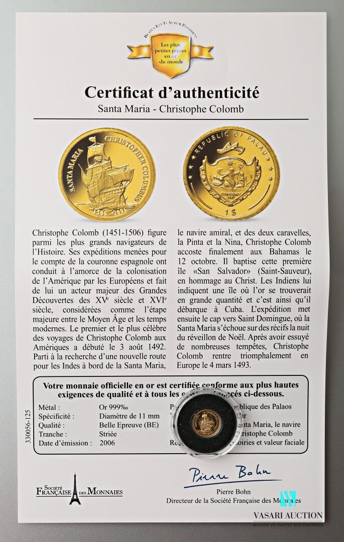 Null 法国货币基金组织（Societe Francaise des monnaies

金币999千分之一，正面显示圣玛丽亚，背面显示面值1美元的帕劳共和国&hellip;