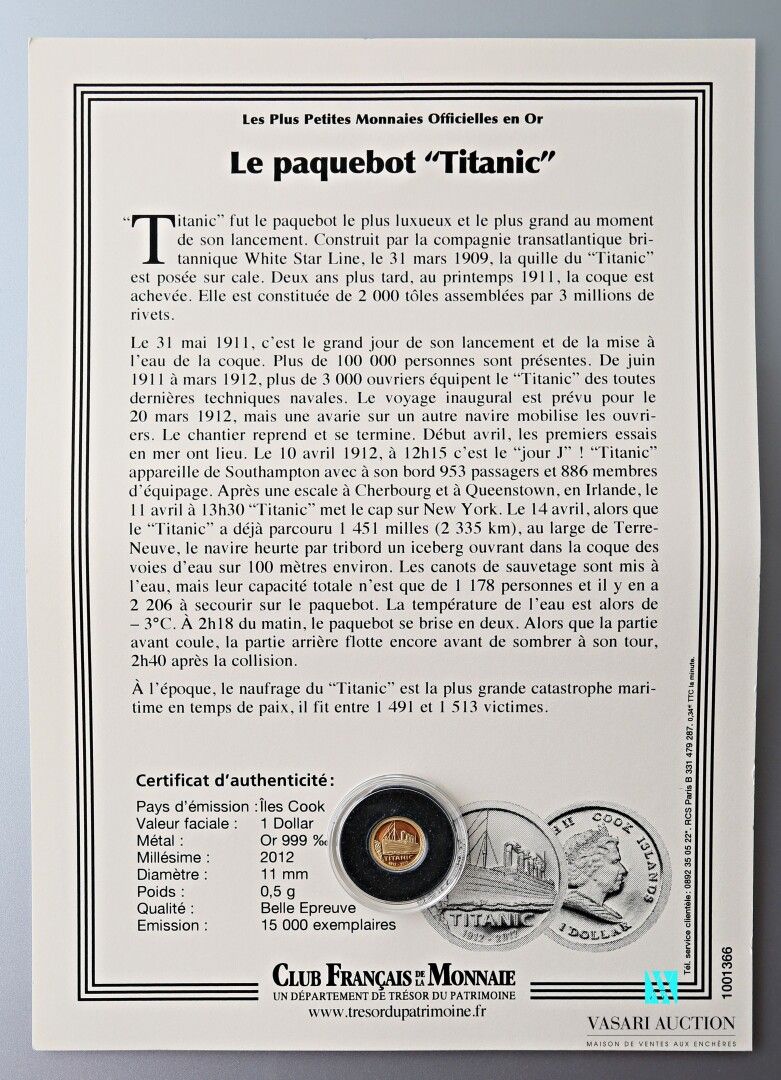 Null 法国货币基金组织（Societe Francaise des monnaies

999千分之一金币，正面显示泰坦尼克号邮轮，背面显示面值1美元的库克&hellip;