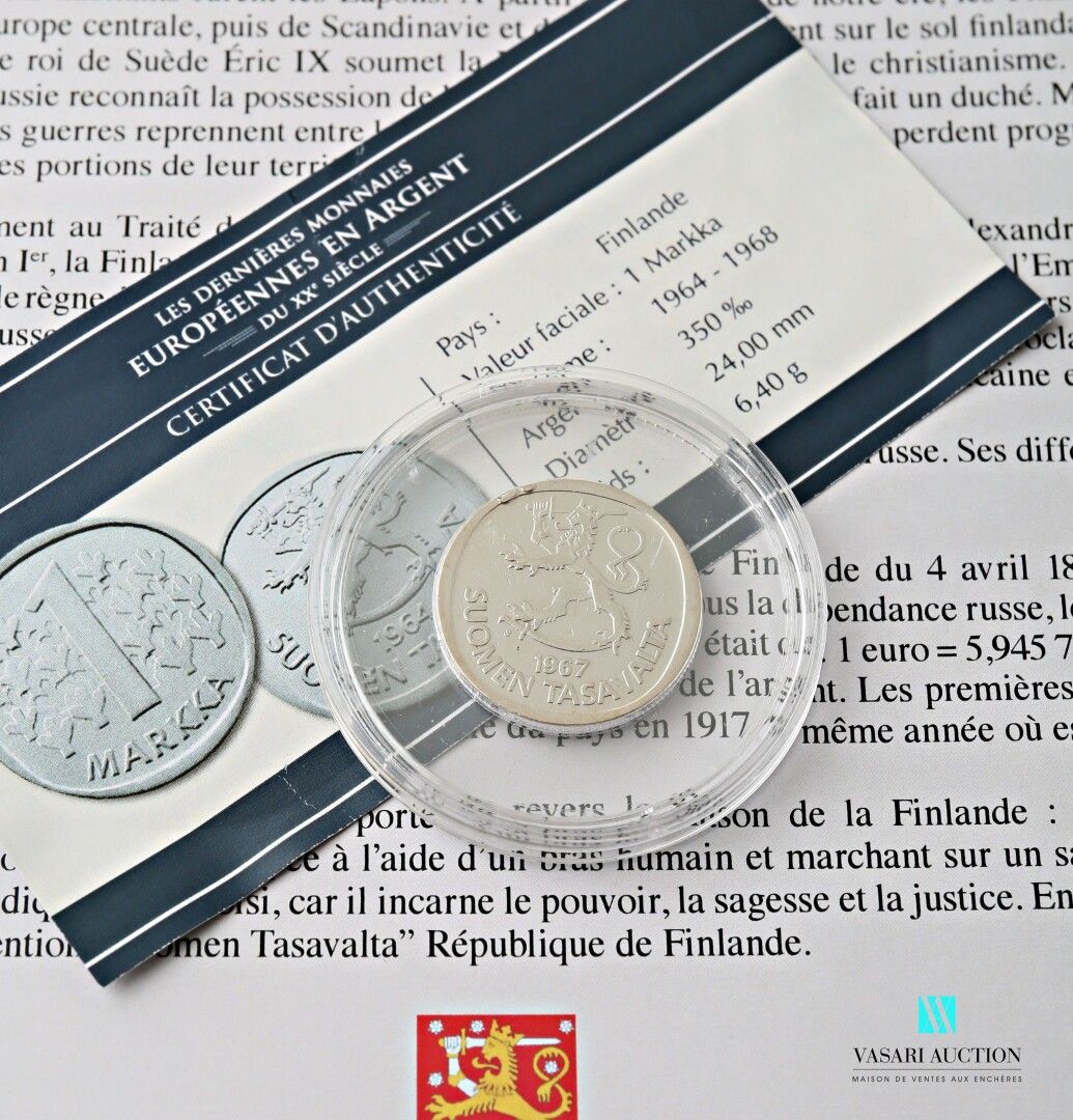 Null 法国蒙娜丽莎俱乐部

35万分之一的银币，正面是1964年的芬兰狮子，背面是1马克卡的面值。

带有真实性证书和数据表

系列 20世纪最后的欧洲银币&hellip;
