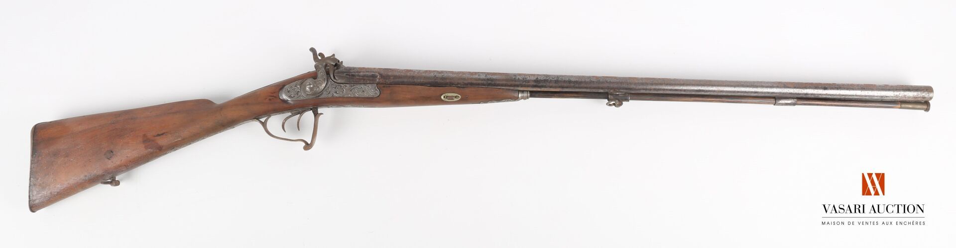 Null 12 gauge percussion shotgun, 76 cm Damascus side-by-side barrels, engraved &hellip;