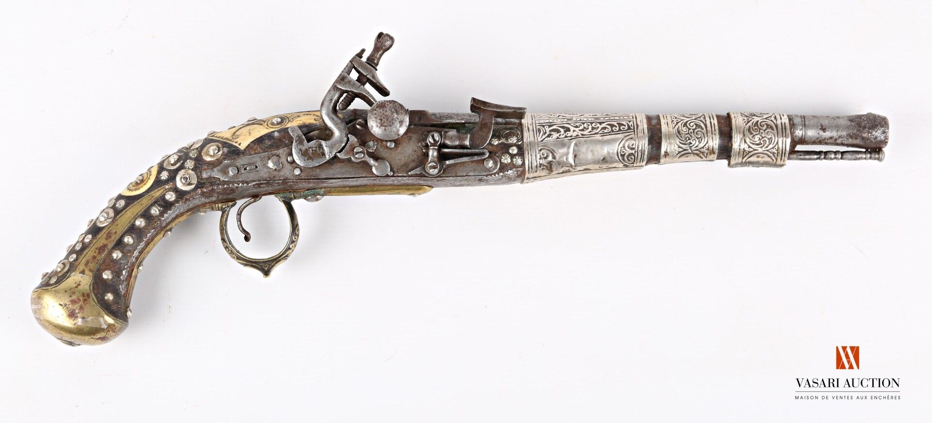 Null Pistolet à silex, canon à pans puis rond de 31 cm, poinçonné et tromblonné &hellip;