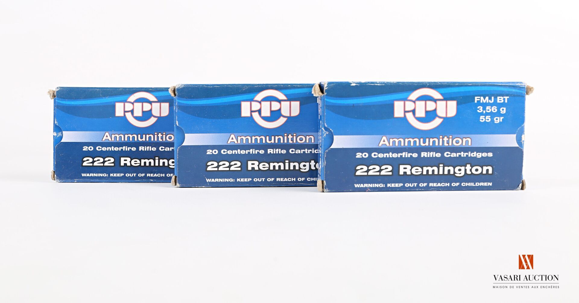 Null cartouches PPU calibre 222 Remington, 3 boites contenant 47 munitions manuf&hellip;