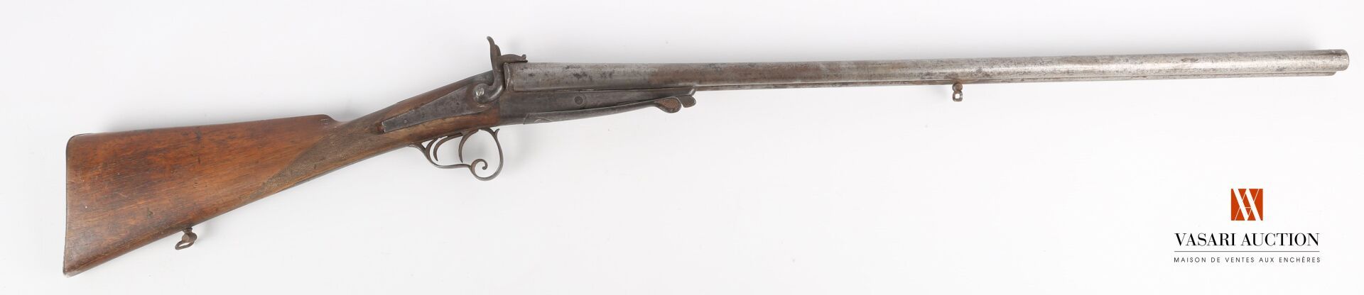 Null 16/75口径猎枪，74.5厘米的大马士革枪管，通过钥匙系统Beringer打开，扳机护圈下的双扳机，带铁层的英国棒，磨损，氧化，LT 116厘米，编&hellip;