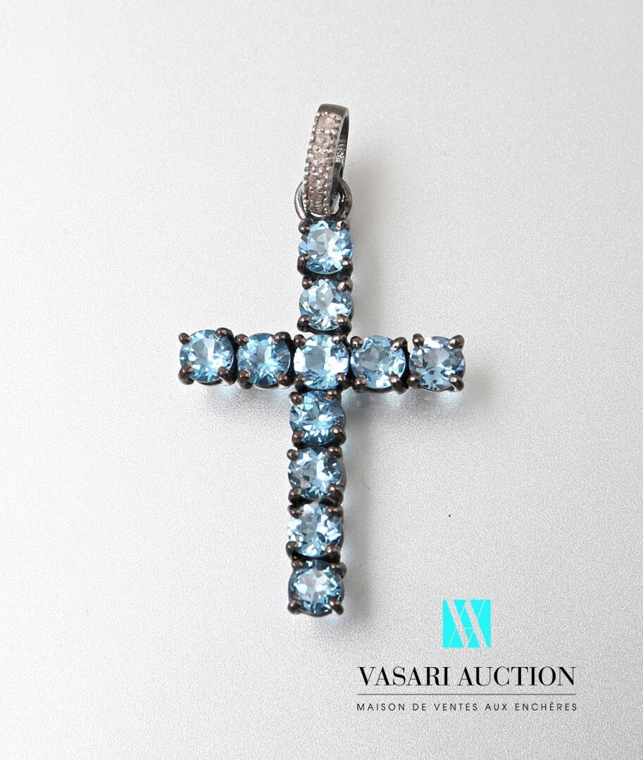 Null Cross pendant in patinated silver set with round topazes, the hoop decorate&hellip;