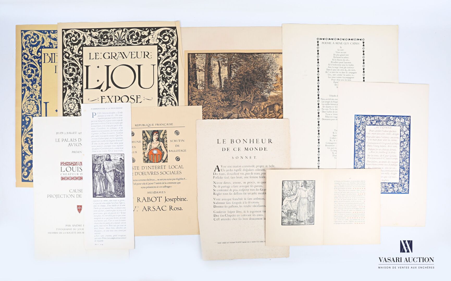 Null 一组纸上印刷品，如：Arches纸上的海报《1979年的路易斯-朱》（50 x 32.5厘米）--《1930年贝尔特朗的陶瓷战斗》（主题："我是谁？2&hellip;