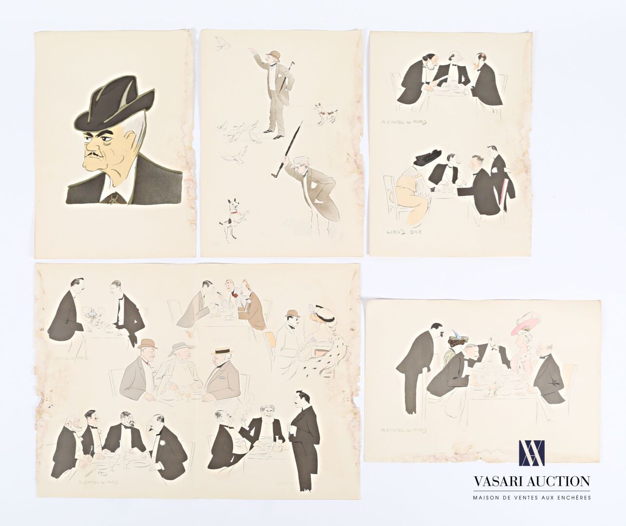Null SEM（1863-1934），后

在巴黎酒店（x3） - 鸽子 - 带帽子的人

五幅纸上石版画

(空白处有强烈的湿润痕迹，有污点，有破损)

5&hellip;