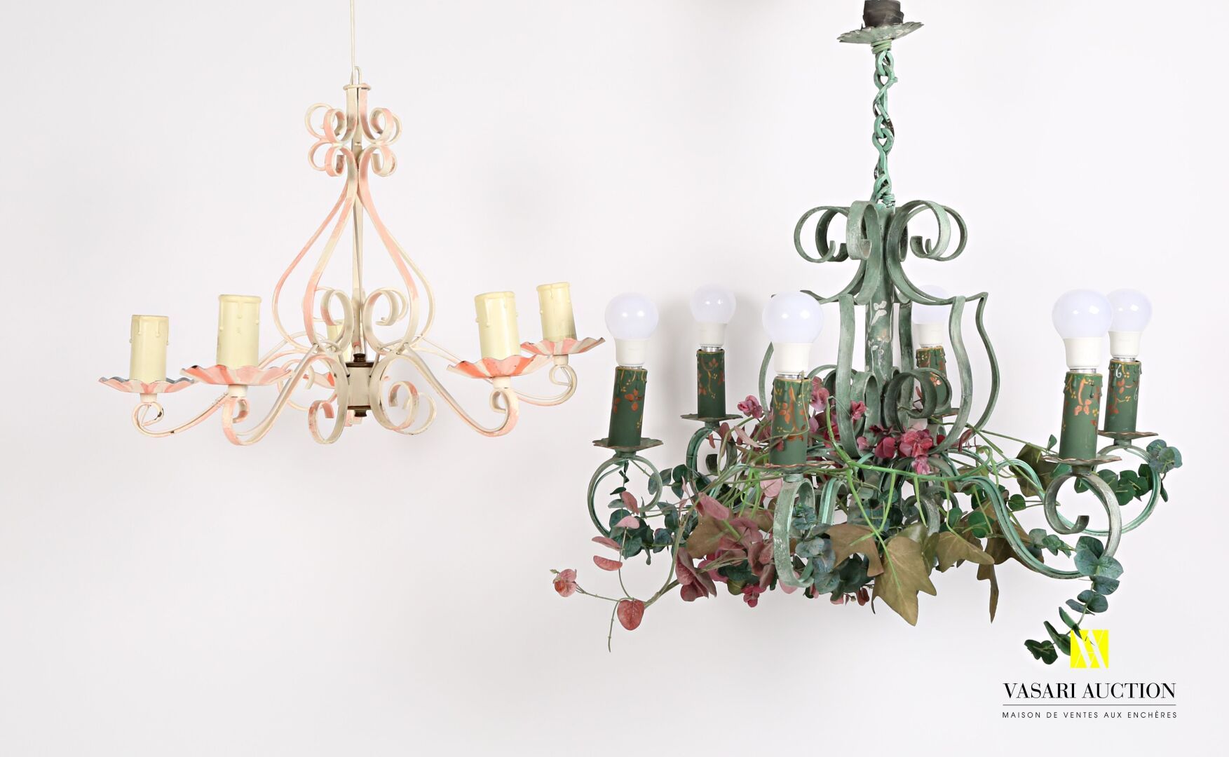 Null Lot including two modern painted metal chandeliers, one painted in green wi&hellip;