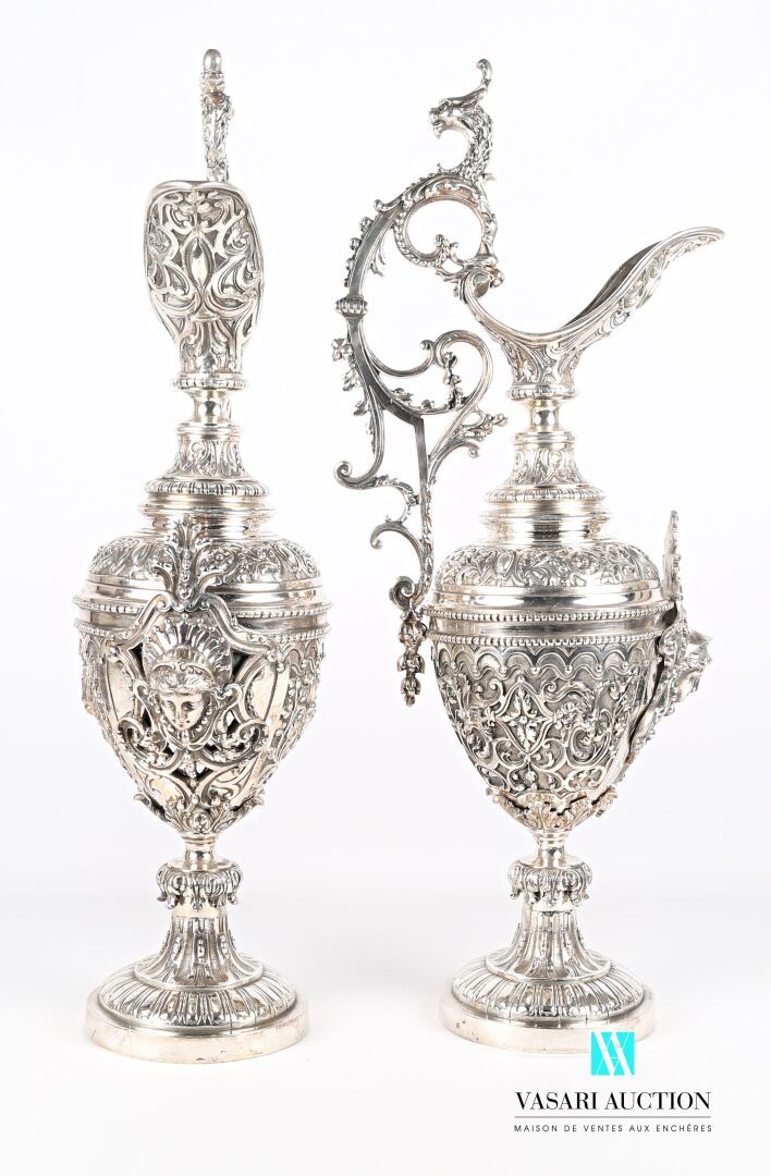 Null Pair of ewer in silver plated metal posing on a round base with doucine pun&hellip;