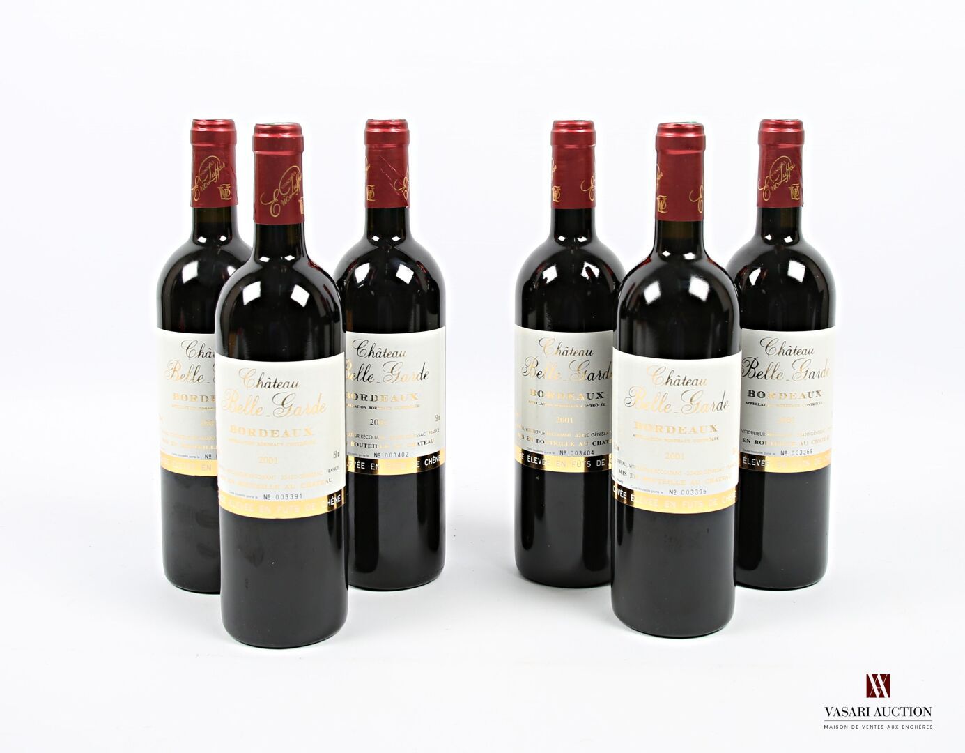 Null 6 bottles Château BELLE-GARDE Bordeaux 2001
	Perfect condition. N : low nec&hellip;