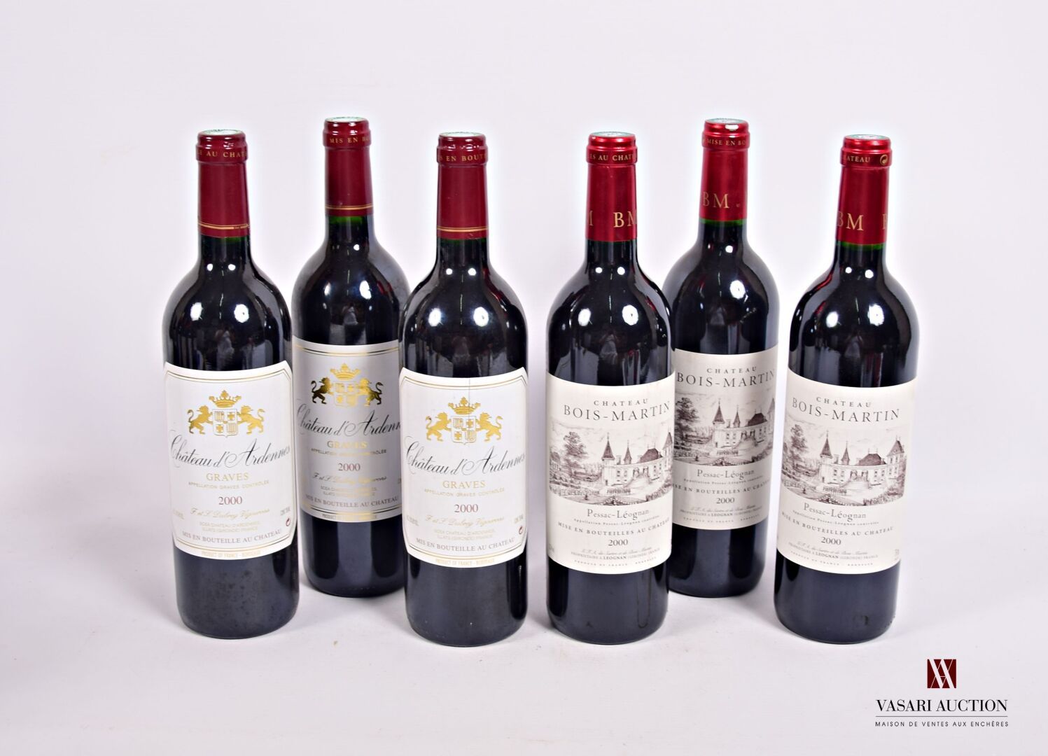 Null Lot of 6 bottles including :
3 Bottles Château d'ARDENNES Graves 2000
3 Bot&hellip;