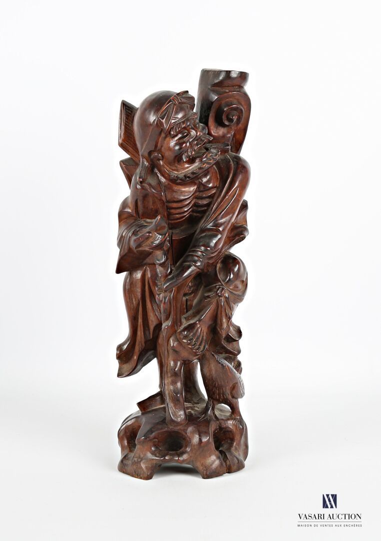 Null 亚洲
木雕题材，显示一个老人拿着一根棍子，一只鸟在他脚下啄食。
(缺失，裂缝)
高度：36厘米36厘米高