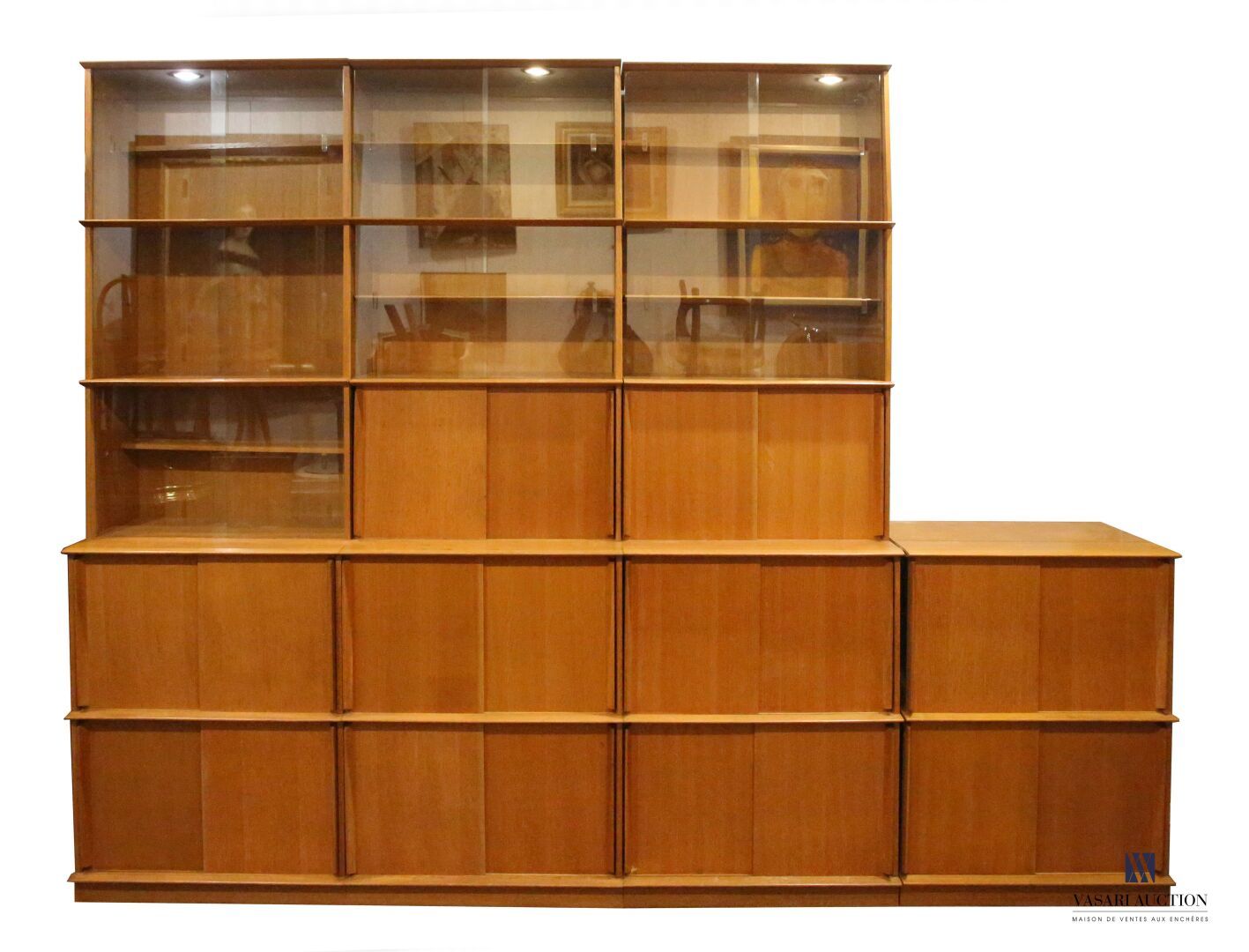 Null Modular storage unit forming a library in oak veneered chipboard comprising&hellip;