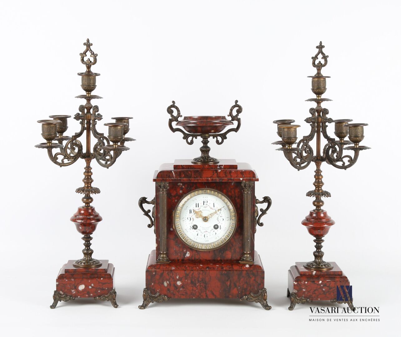 Null A griotte marble mantel set including a clock, the dial signed A.Mesnard Bo&hellip;