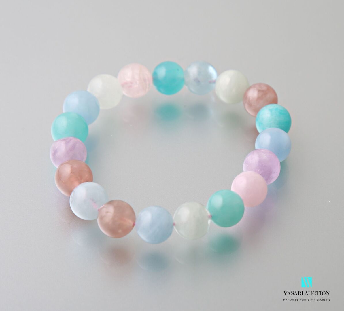 Null Bracelet adorned with aquamarine, amazonite and quartz beads on elastic cor&hellip;