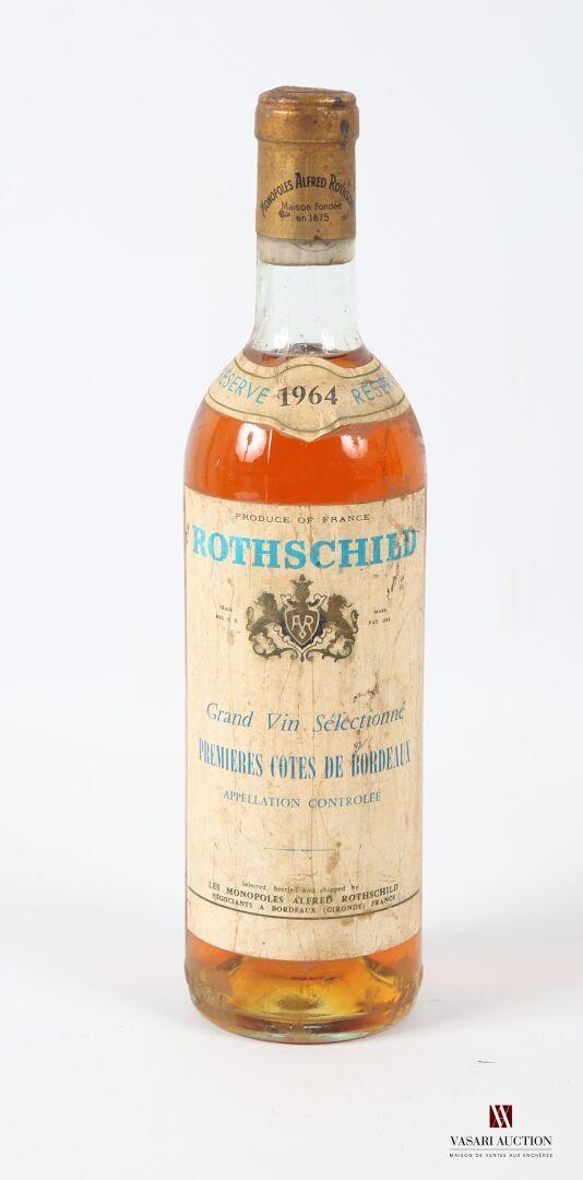 Null 1 bouteille	1ères CÔTES DE BORDEAUX mise Alfred Rothschild nég.		1964
	Et. &hellip;