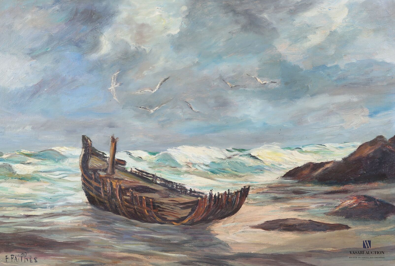 Null PAILHES Fred (1902-1991)
Epave de navire échouée sur la plage
Huile sur iso&hellip;