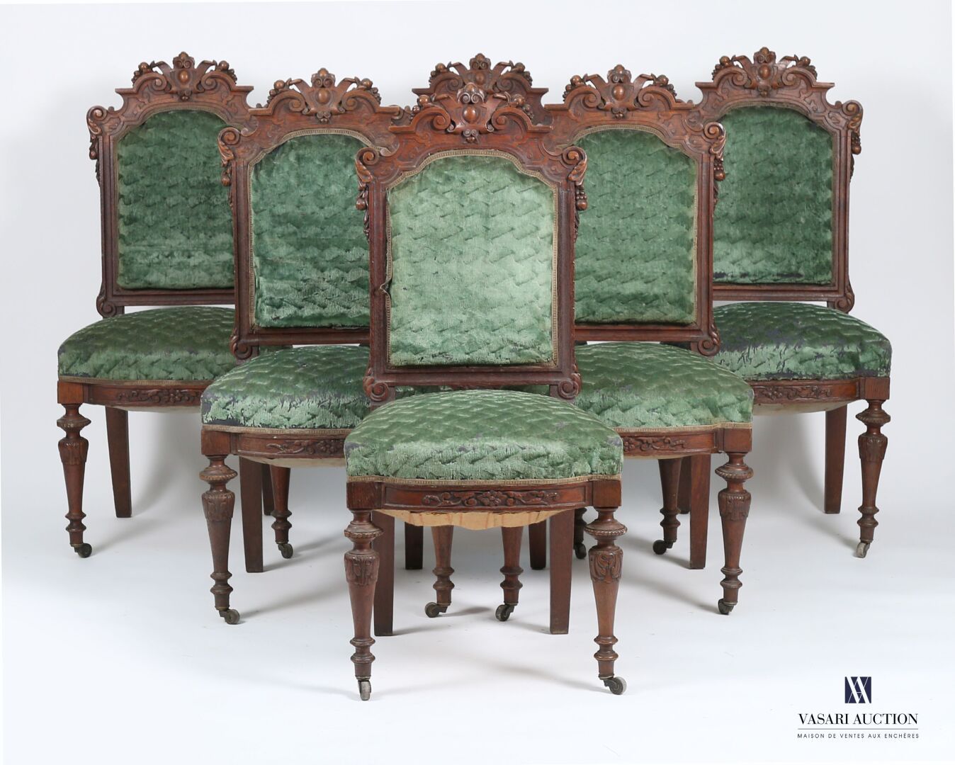 Null Suite of six molded and carved oak chairs. The straight back is topped by a&hellip;