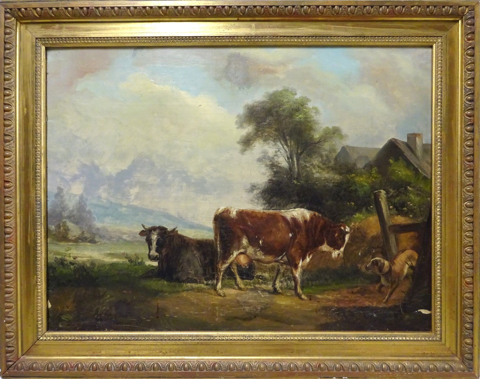 Null Ecole du XIXe siècle. Les vaches. Huile sur toile signée en bas à gauche (J&hellip;