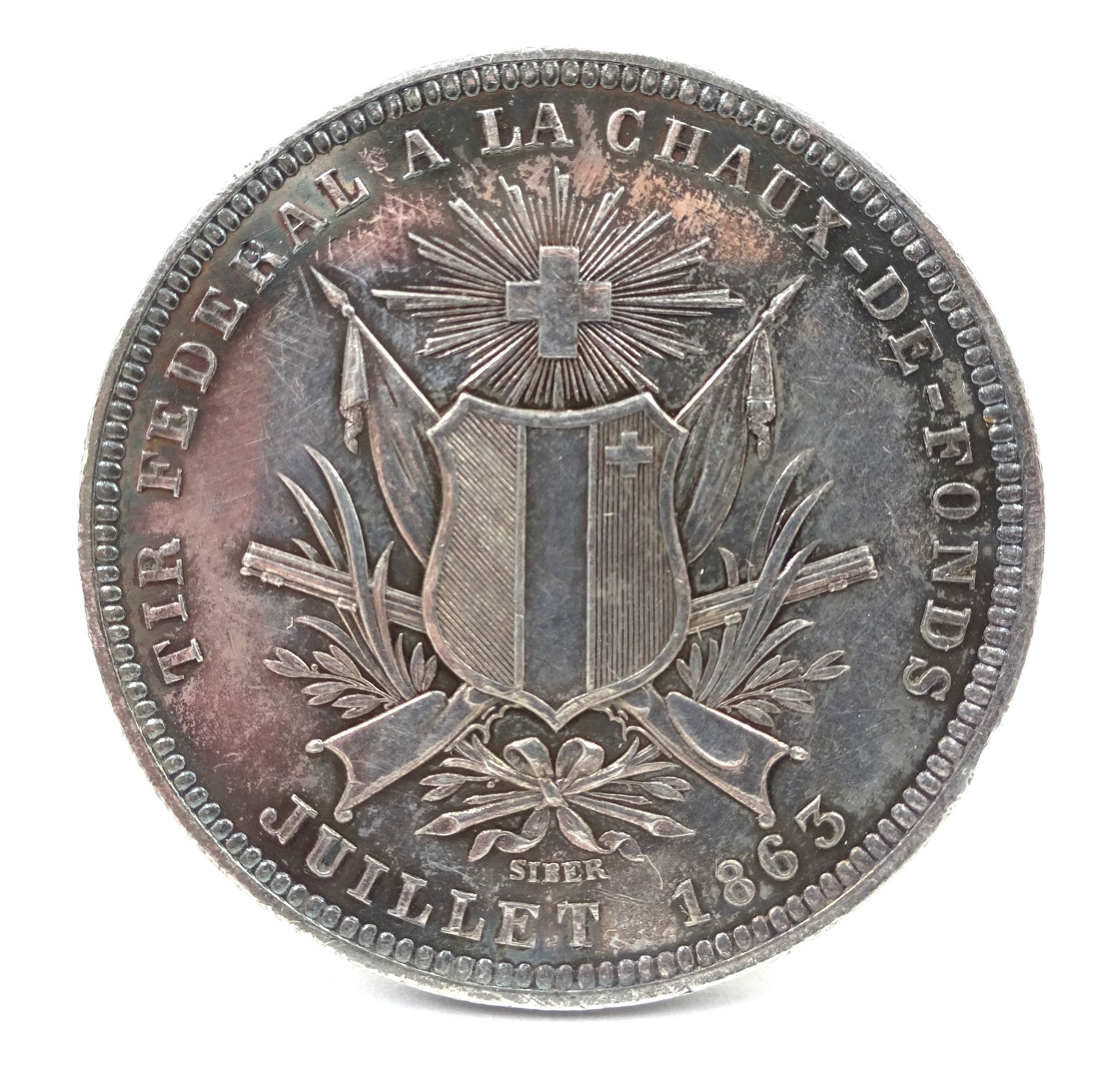 Null 5 Swiss franc silver coin, La Chaux-de-Fonds, July 1863. 25.03 g net.