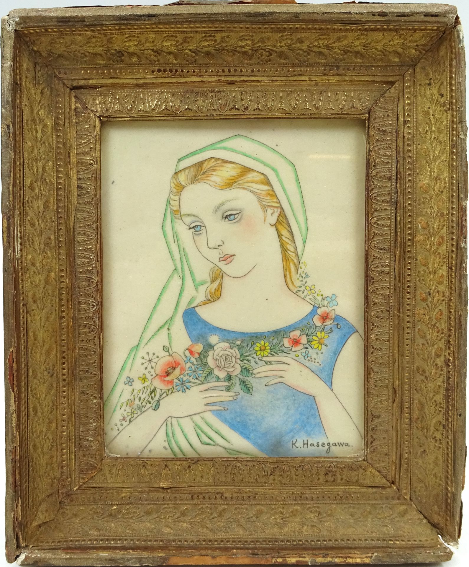 Null 长谷川清（1891-1980 年）。年轻女子与花的肖像。纸上水墨和水粉画。右下方有签名。背面注明日期：1950 年。置于玻璃下。