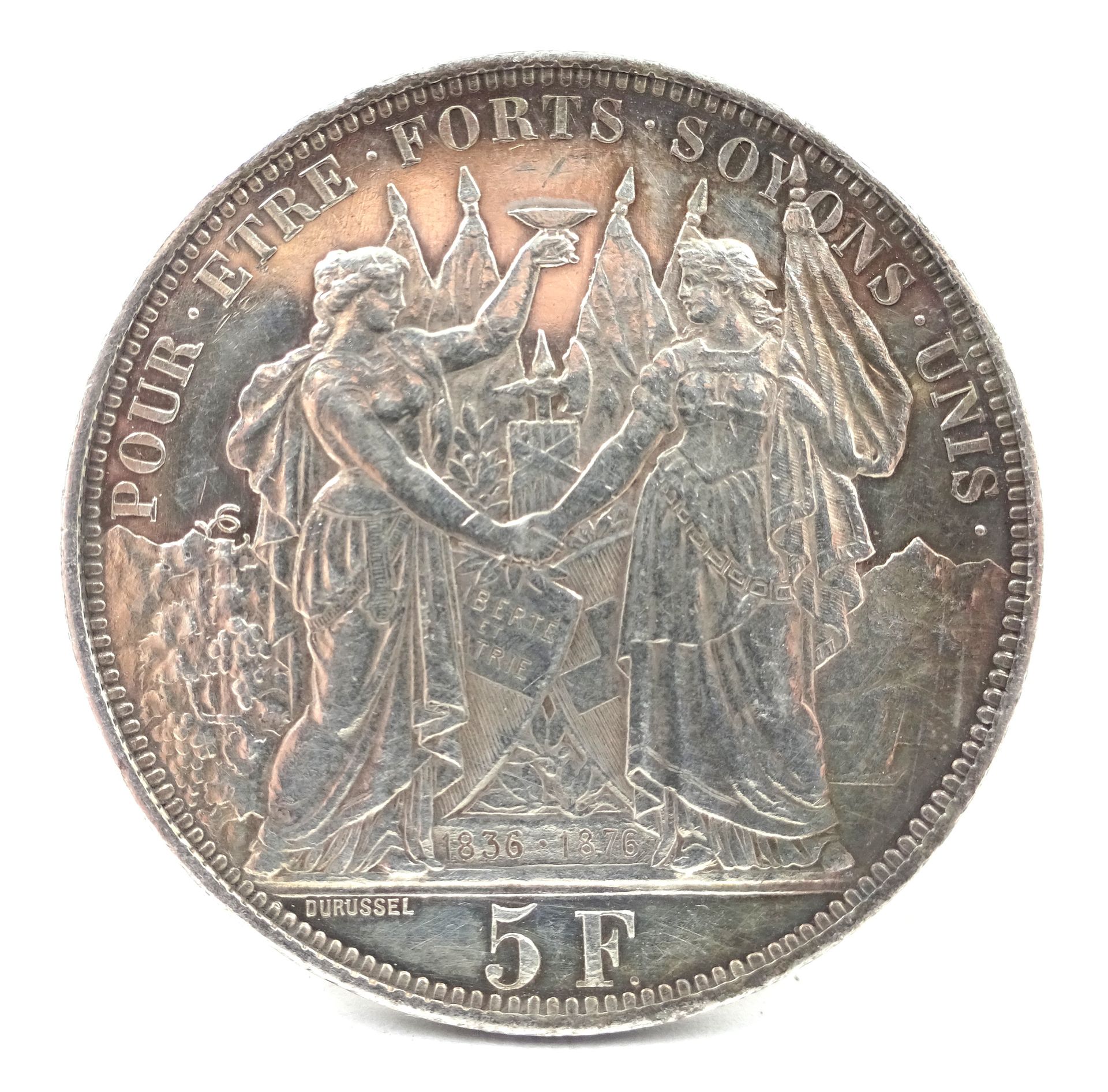Null 5 瑞士法郎银币，洛桑，1876 年，净重 25.00 克。