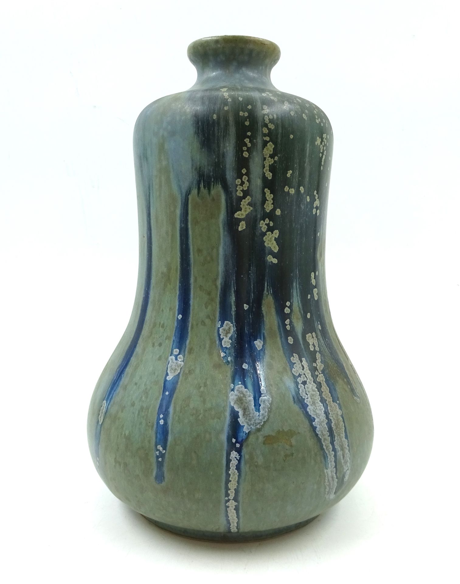 Null DENBAC. Vaso piriforme in gres smaltato grigio e blu, decorato con cristall&hellip;