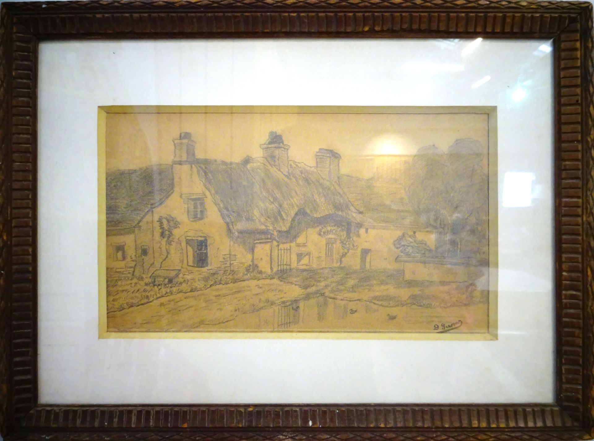 Null D.GERNEZ（19 世纪末 20 世纪初）。茅草屋。双色纸上的石墨画，右下方有签名，装裱在玻璃框内。