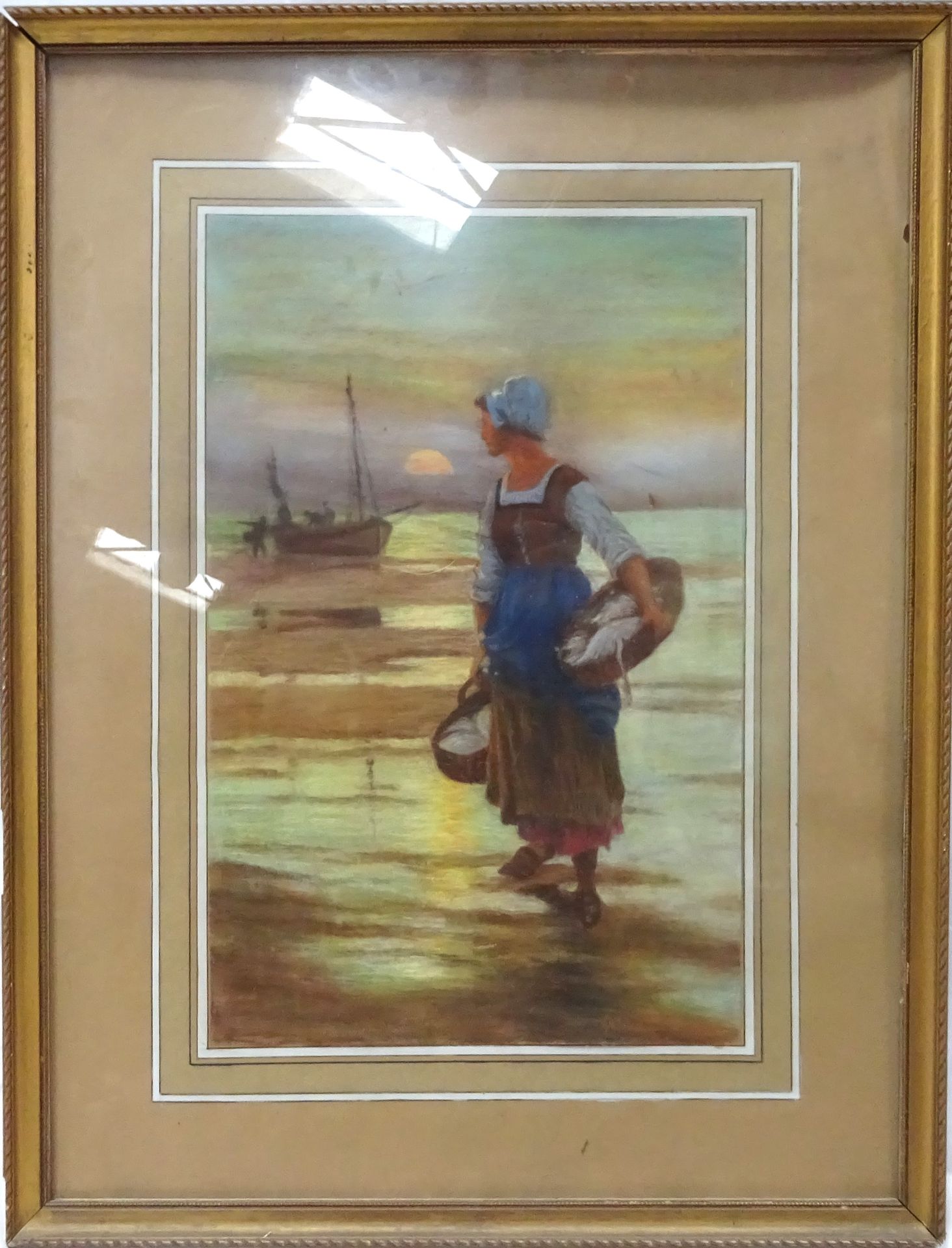 Null Le retour de pêche. Pastel SBD (illisible). 43 x 28 cm (sous verre)
