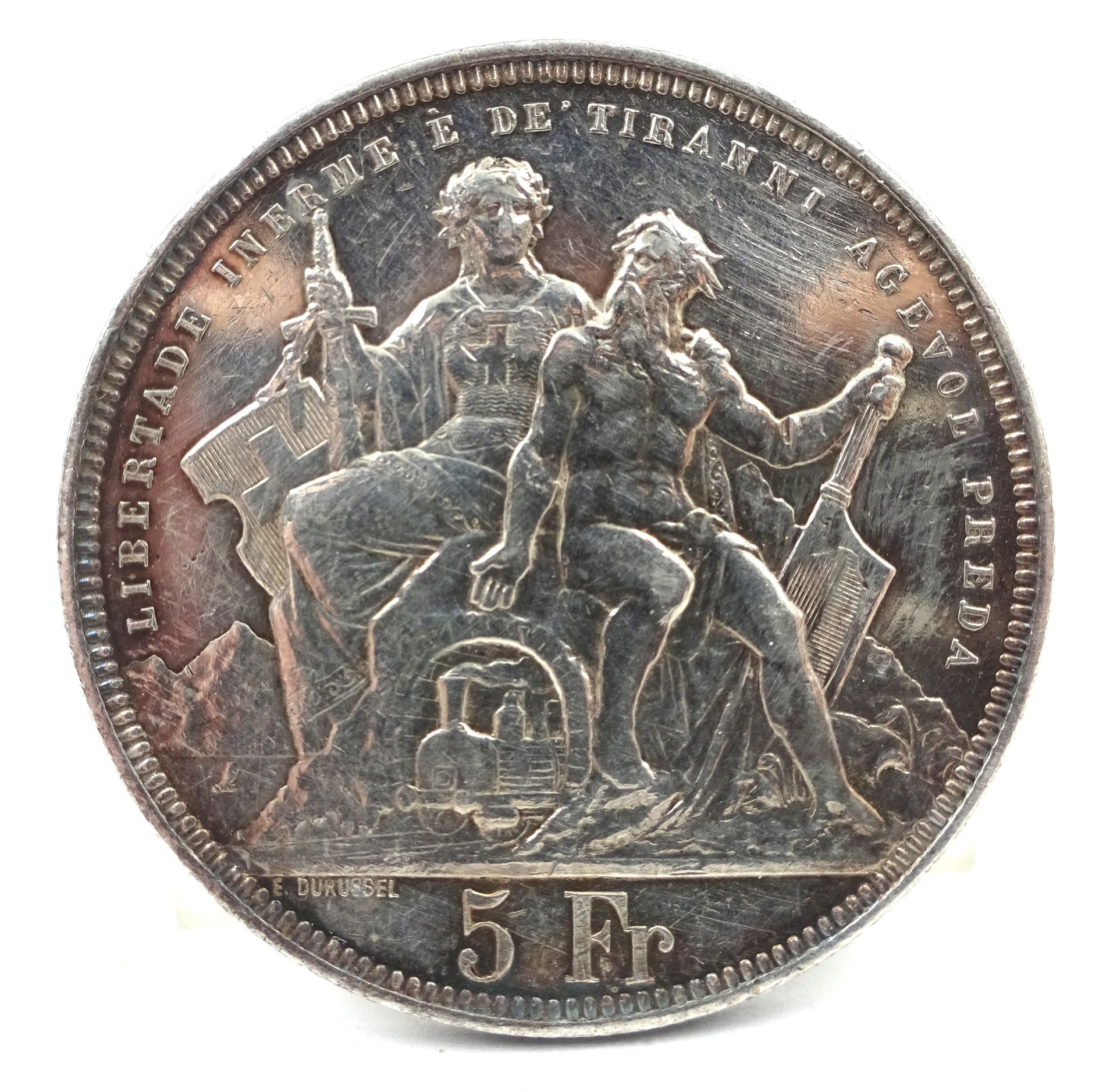 Null 5 瑞士法郎银币，卢加诺，1883 年，净重 25.01 克。