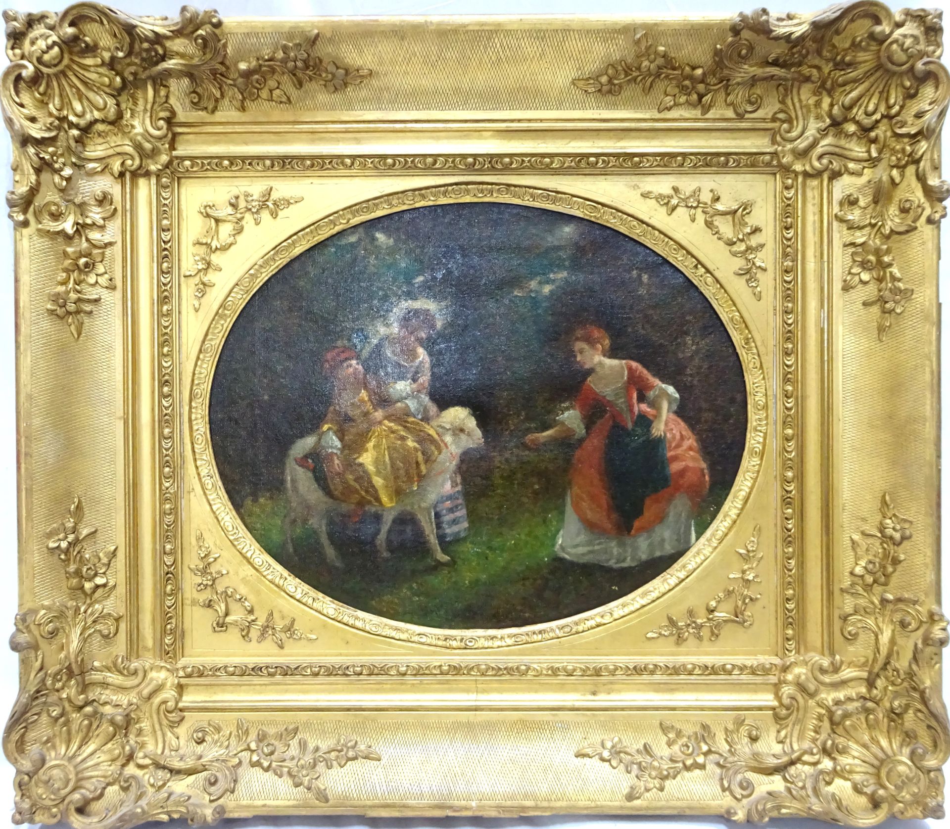 Null Ecole du XIXe siècle. Jeunes filles jouant avec un mouton. Huile sur toile &hellip;
