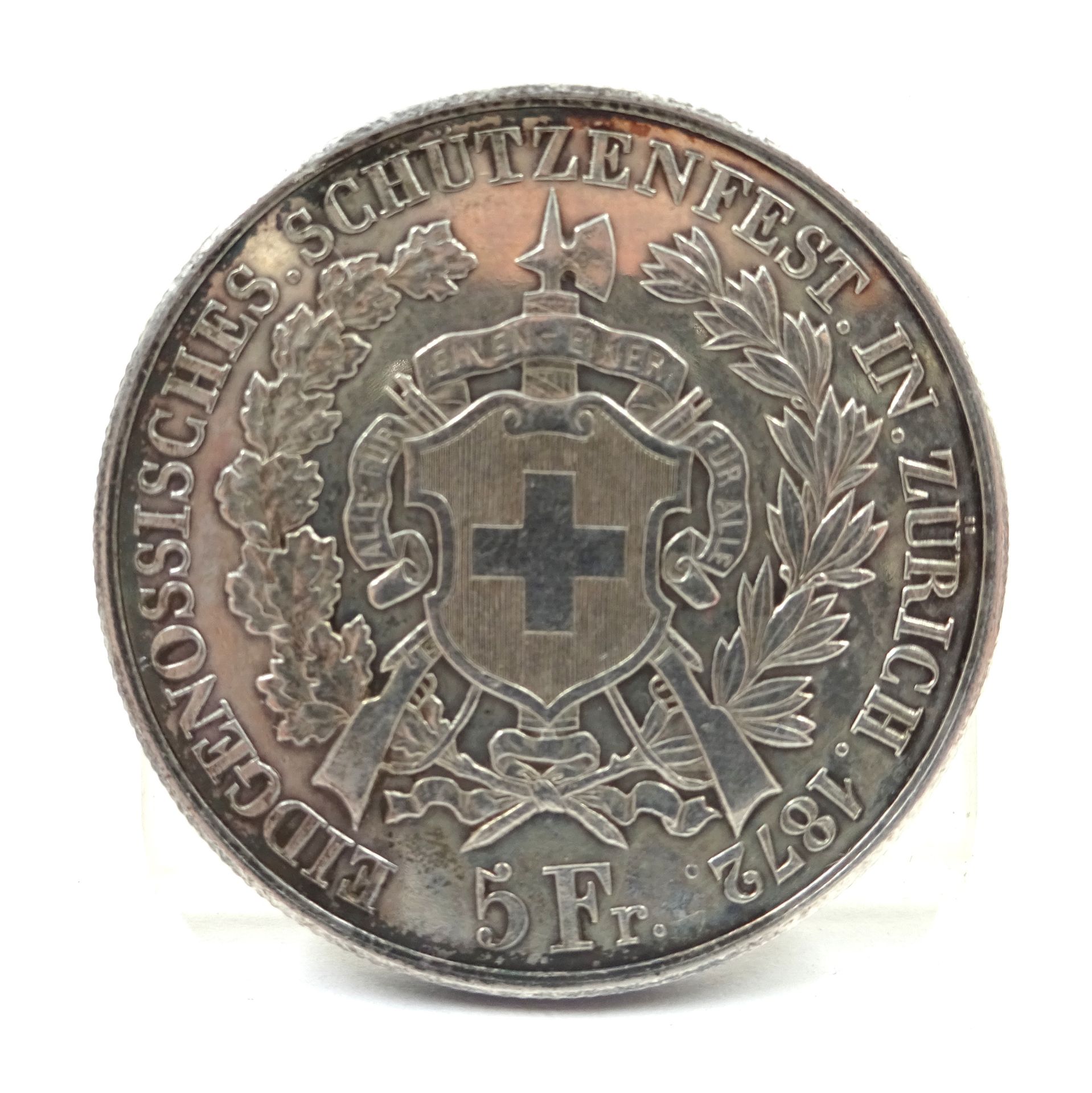 Null 5 瑞士法郎银币，苏黎世，1872 年，净重 24.96 克。