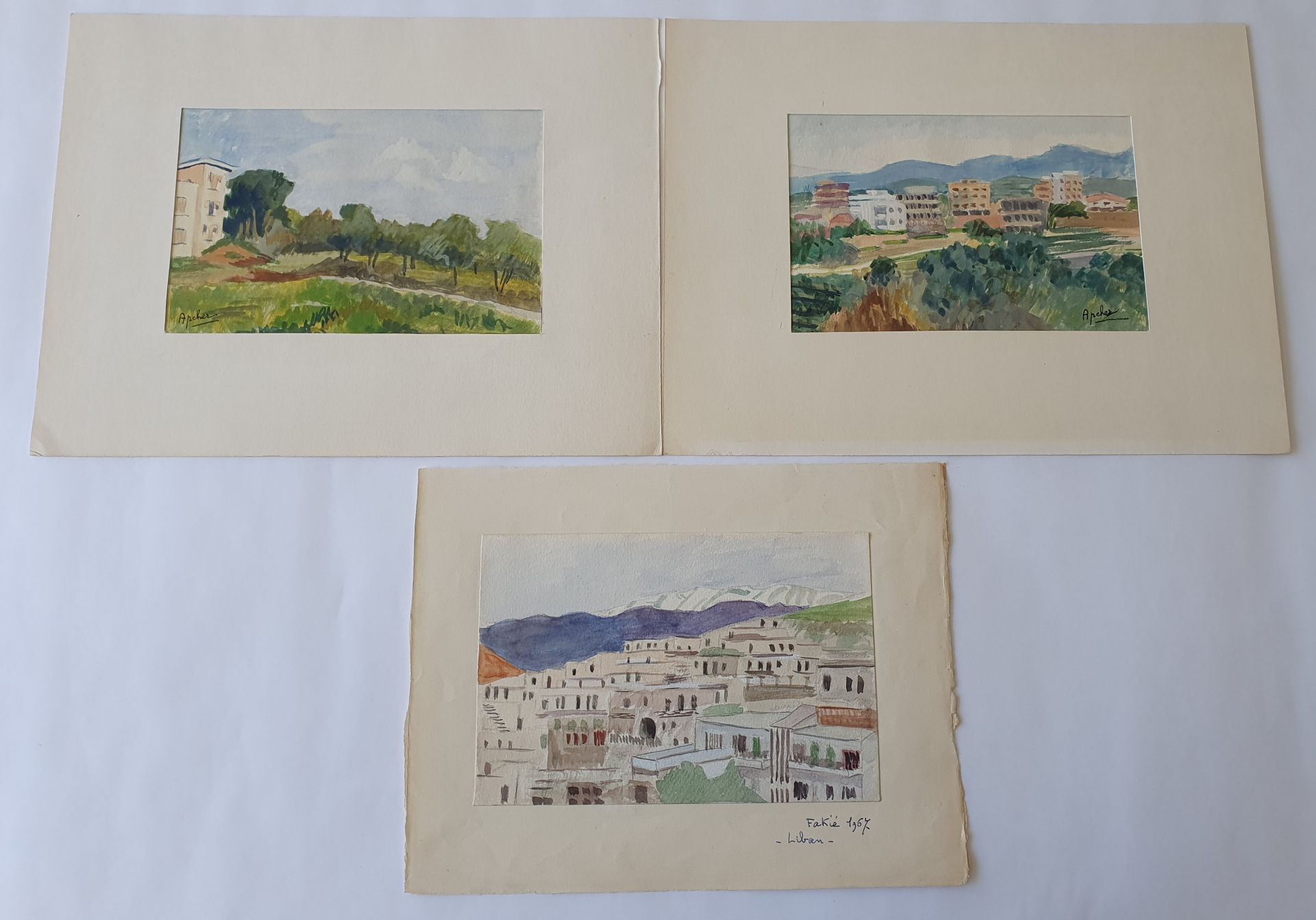 Null [Liban] Fakié et Hazmieh, 3 aquarelles datées de 1967. Deux d’entre elles s&hellip;