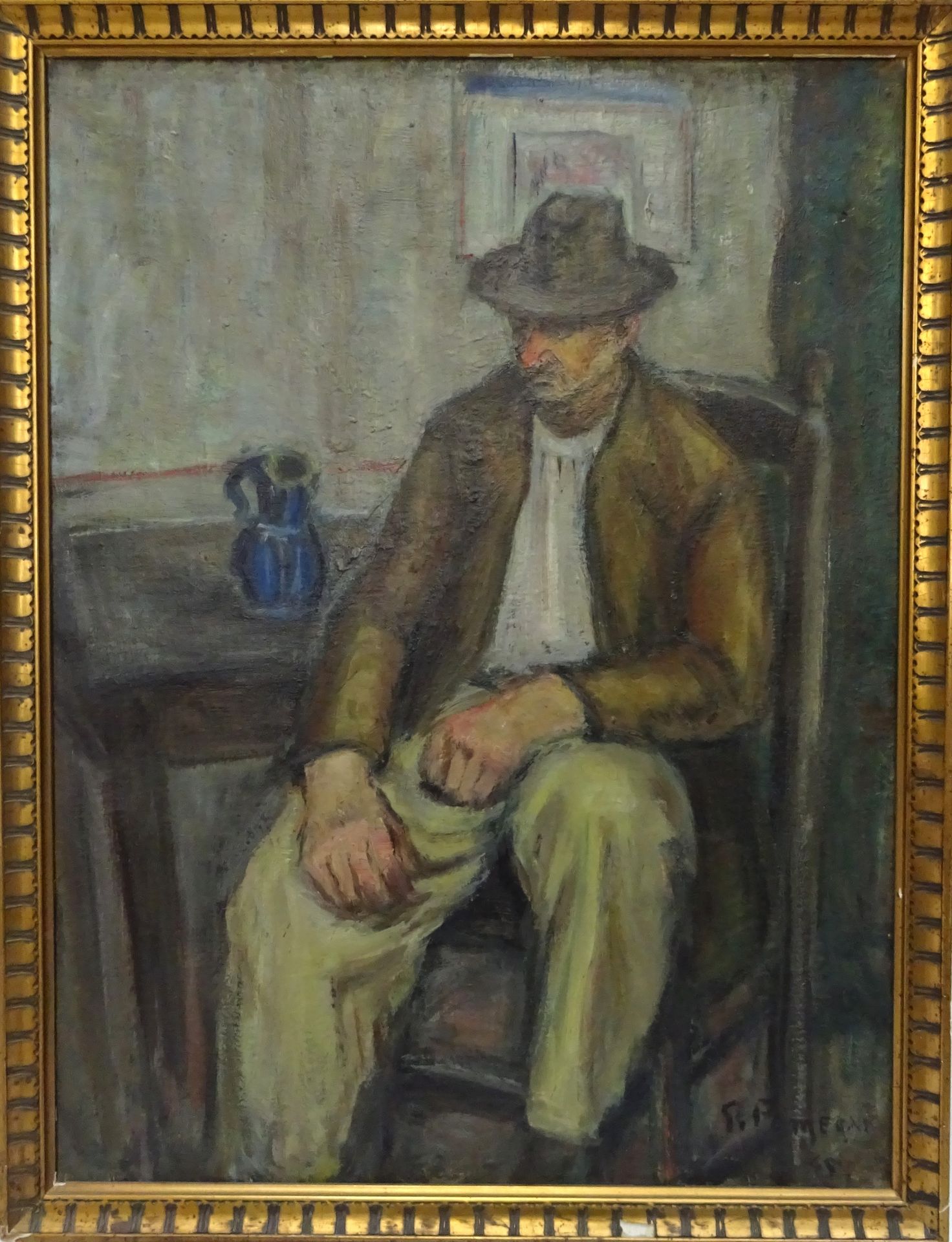 Null Georges POMERAT (XIXe - XXe siècle). Portrait d'homme assis au pichet bleu.&hellip;