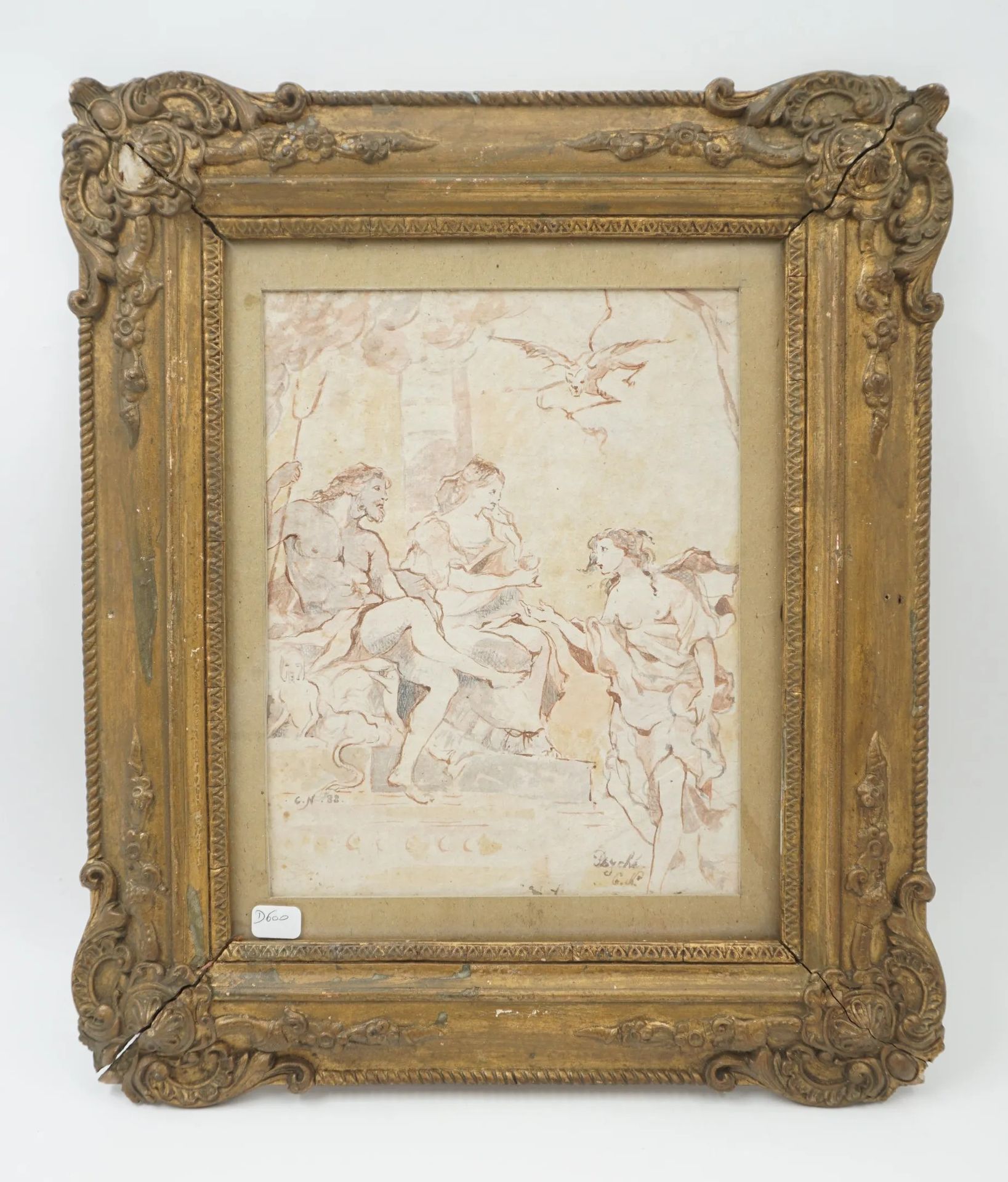 Null 查尔斯-约瑟夫-纳托雷（1700-1777 年），后作。"赛琪从普洛瑟芬那里获得美丽的灵药"。铺纸上的棕色墨水和灰色水洗素描，装裱在玻璃框下。22 x&hellip;